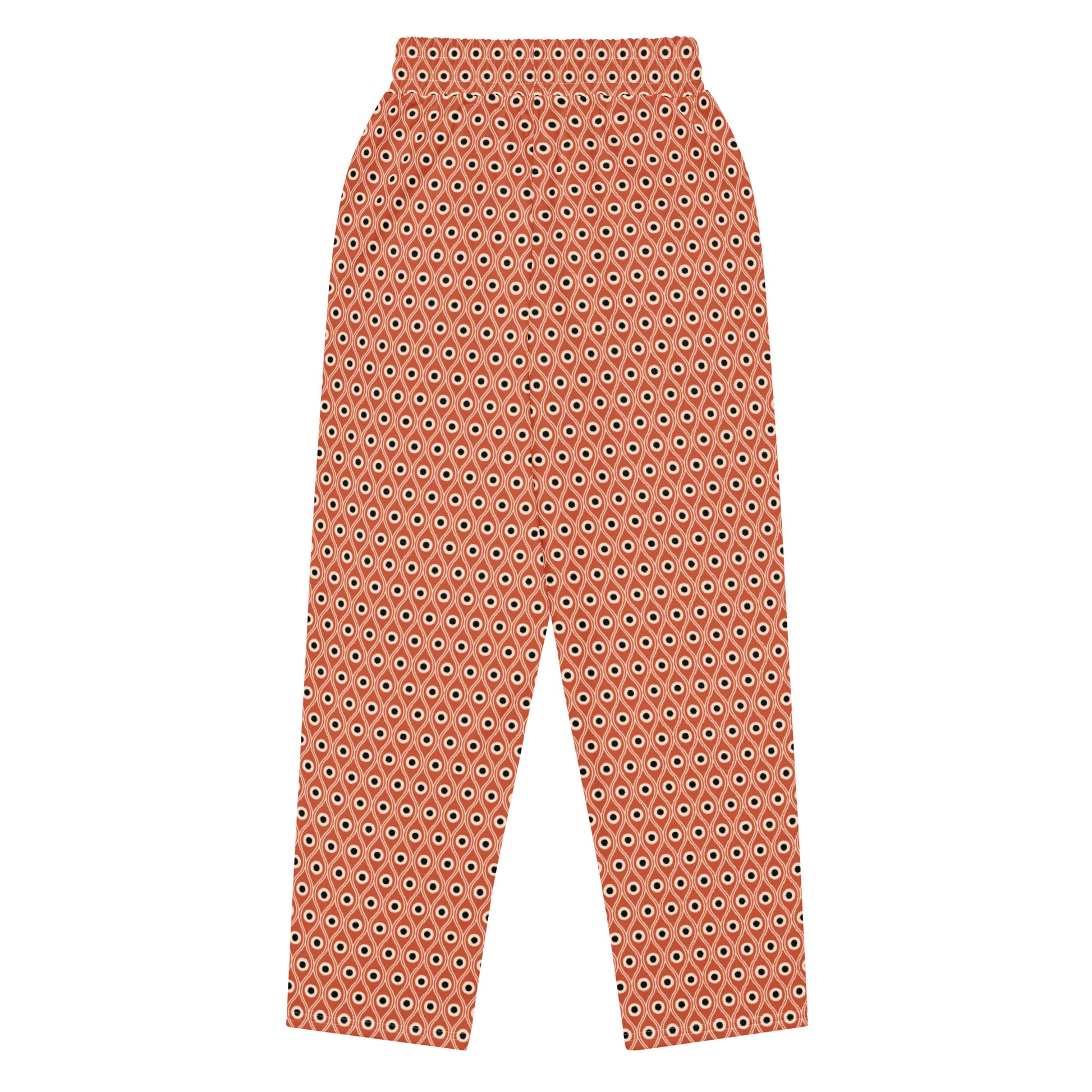 Back view of L'œil de paon pants in terracotta with peacock pattern