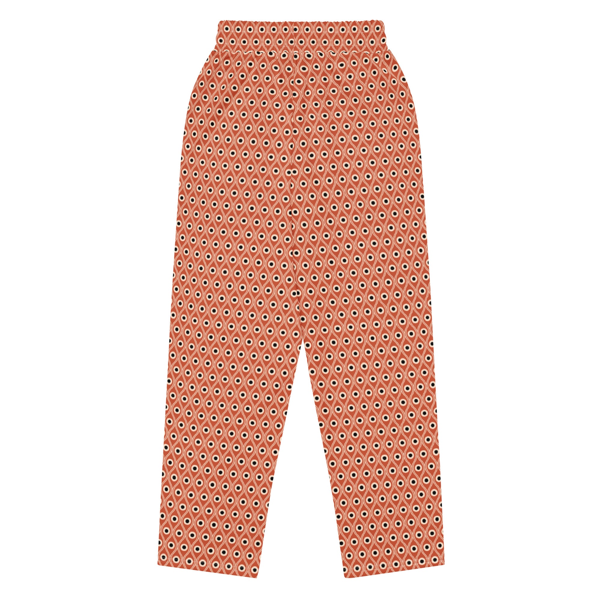 Back view of L'œil de paon pants in terracotta with peacock pattern