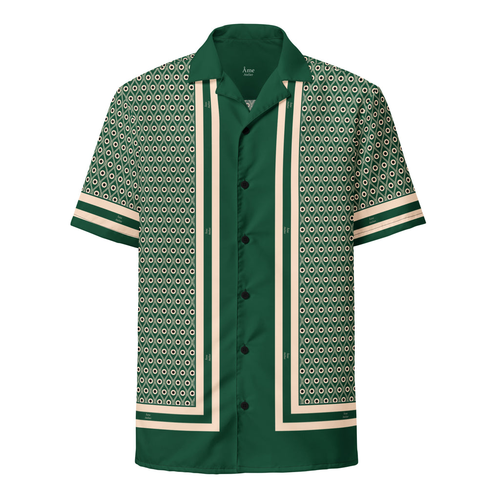 Front view of L'œil de paon peacock-print shirt in abyss green