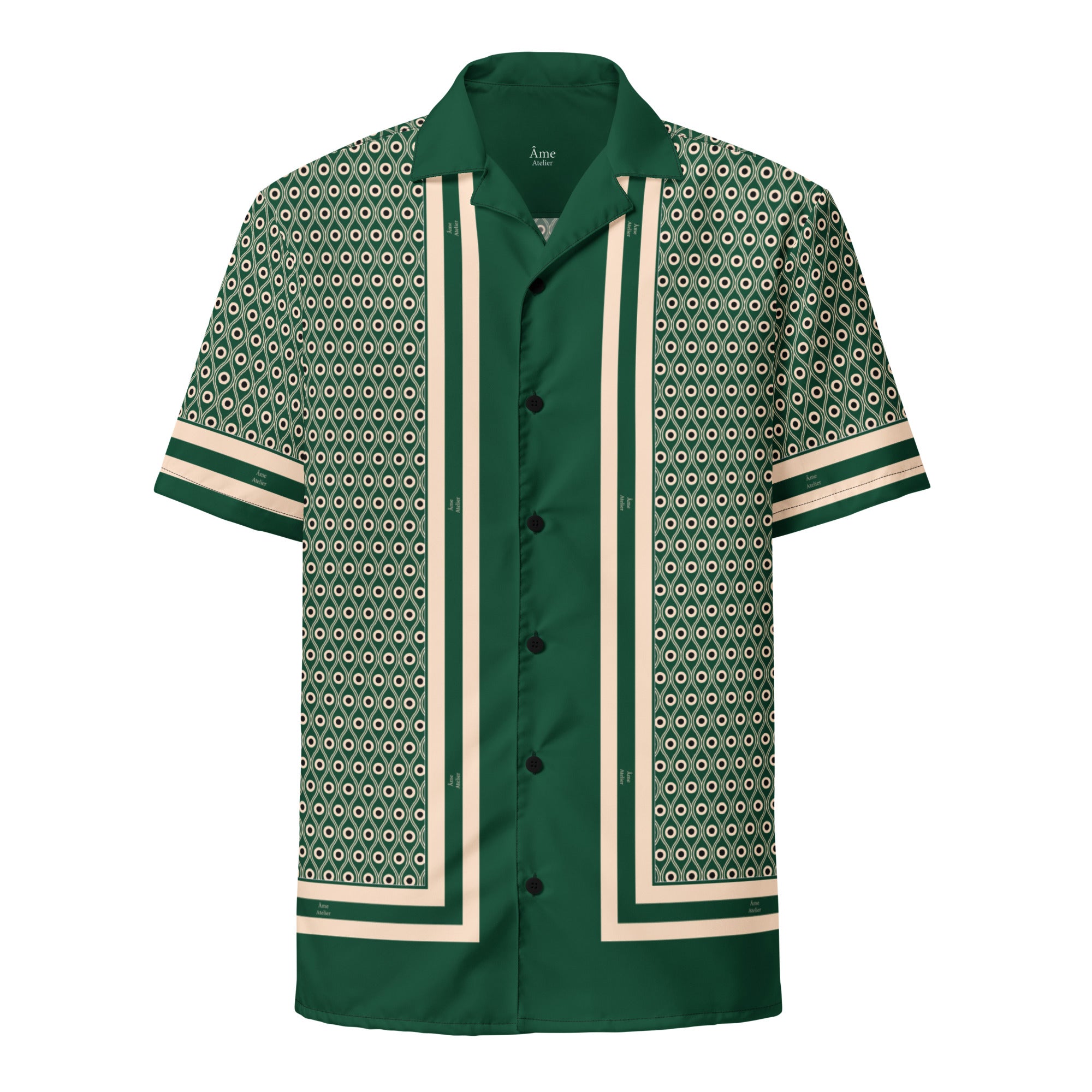 Front view of L'œil de paon peacock-print shirt in abyss green