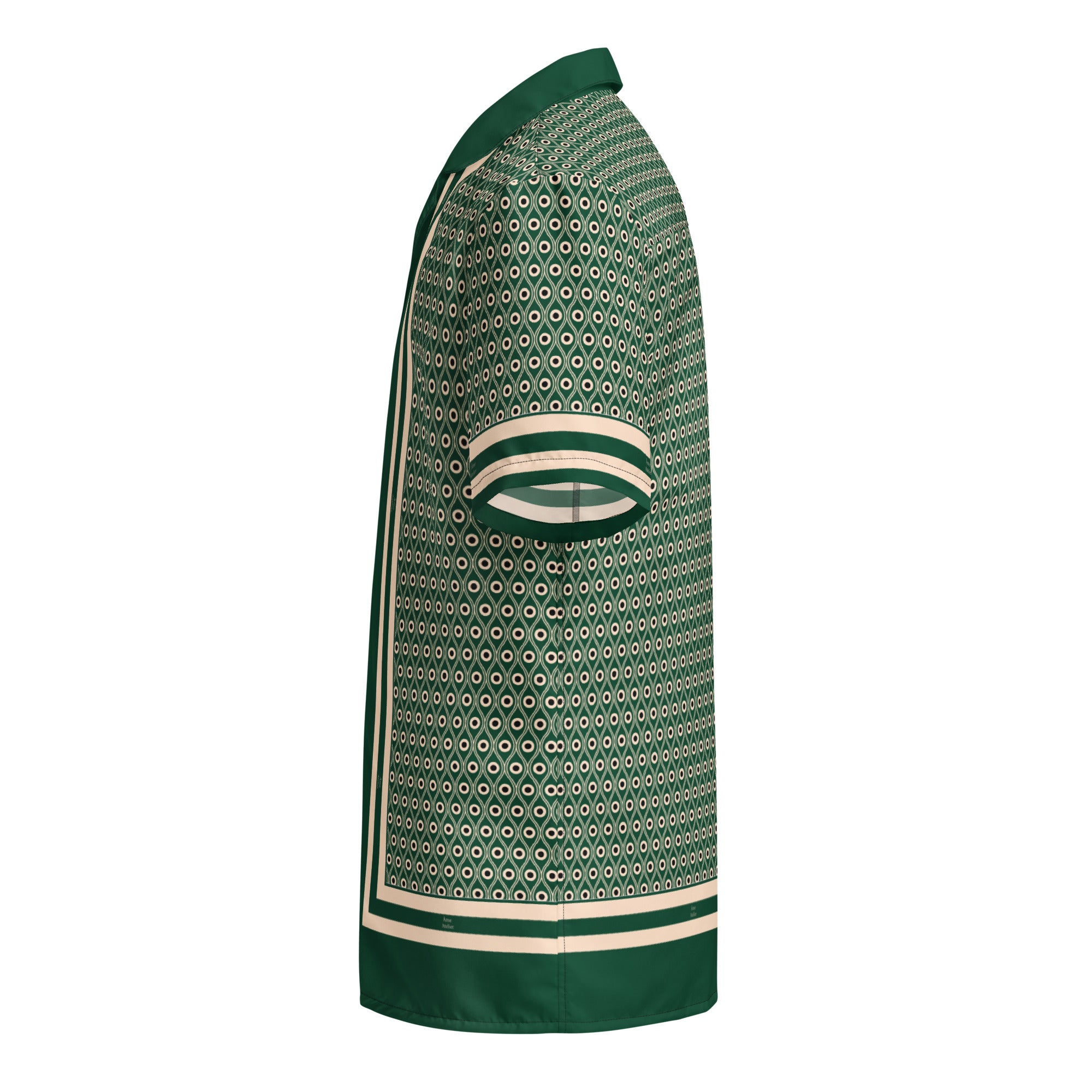 Side view of L'œil de paon peacock-print shirt in abyss green
