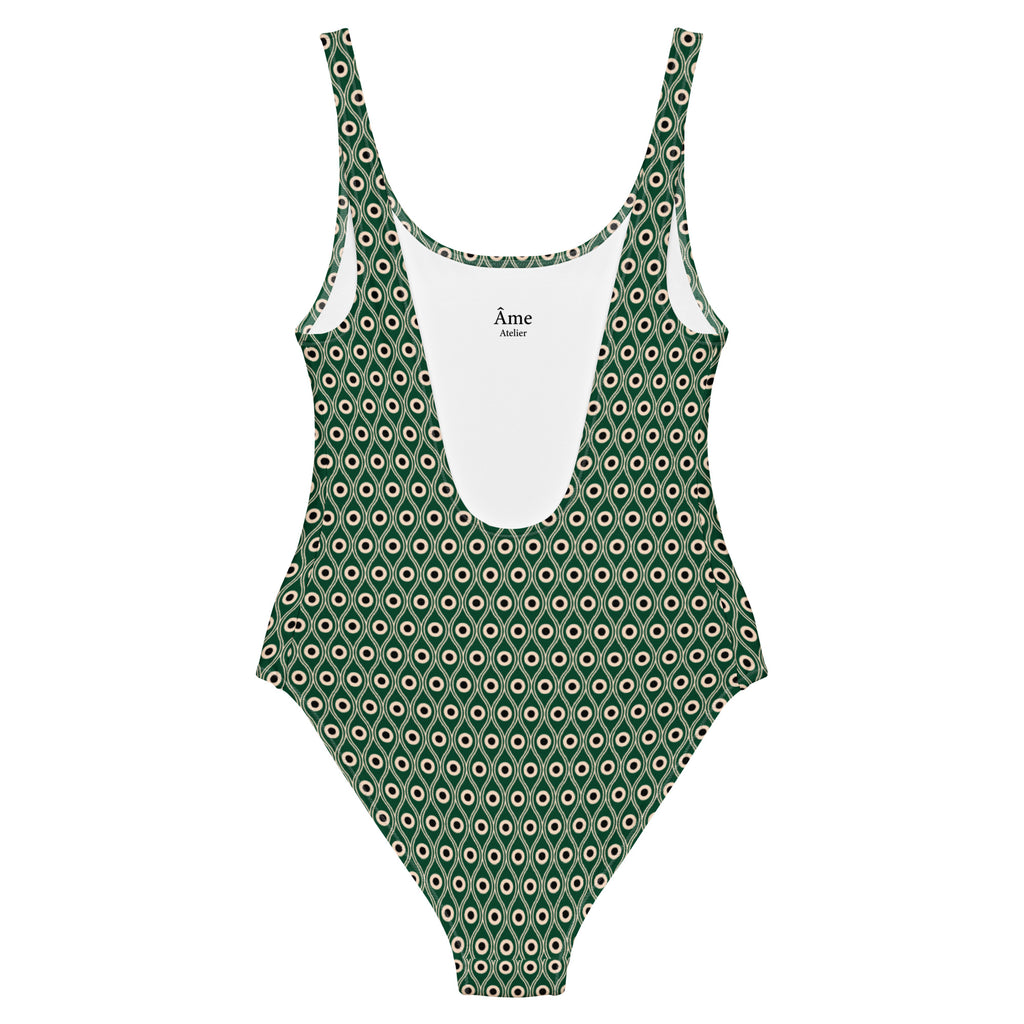 Back view of L'œil de paon peacock-print swimsuit in abyss green