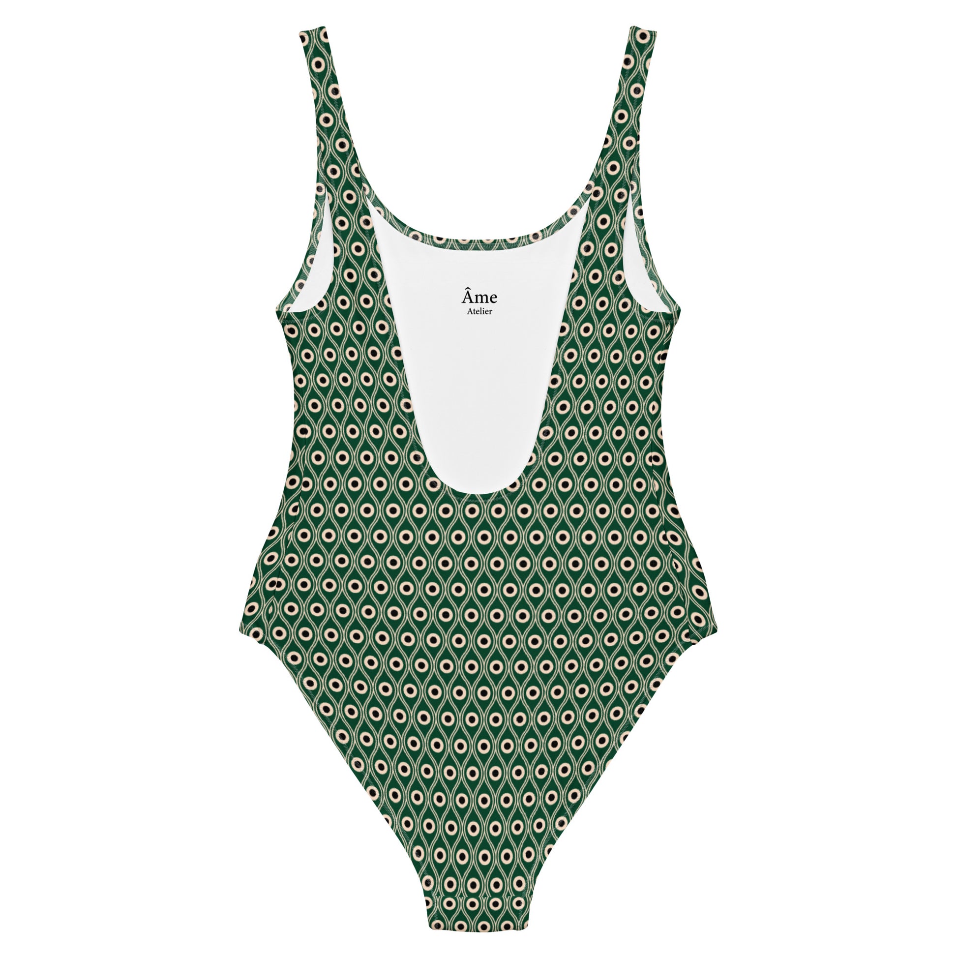 Back view of L'œil de paon peacock-print swimsuit in abyss green