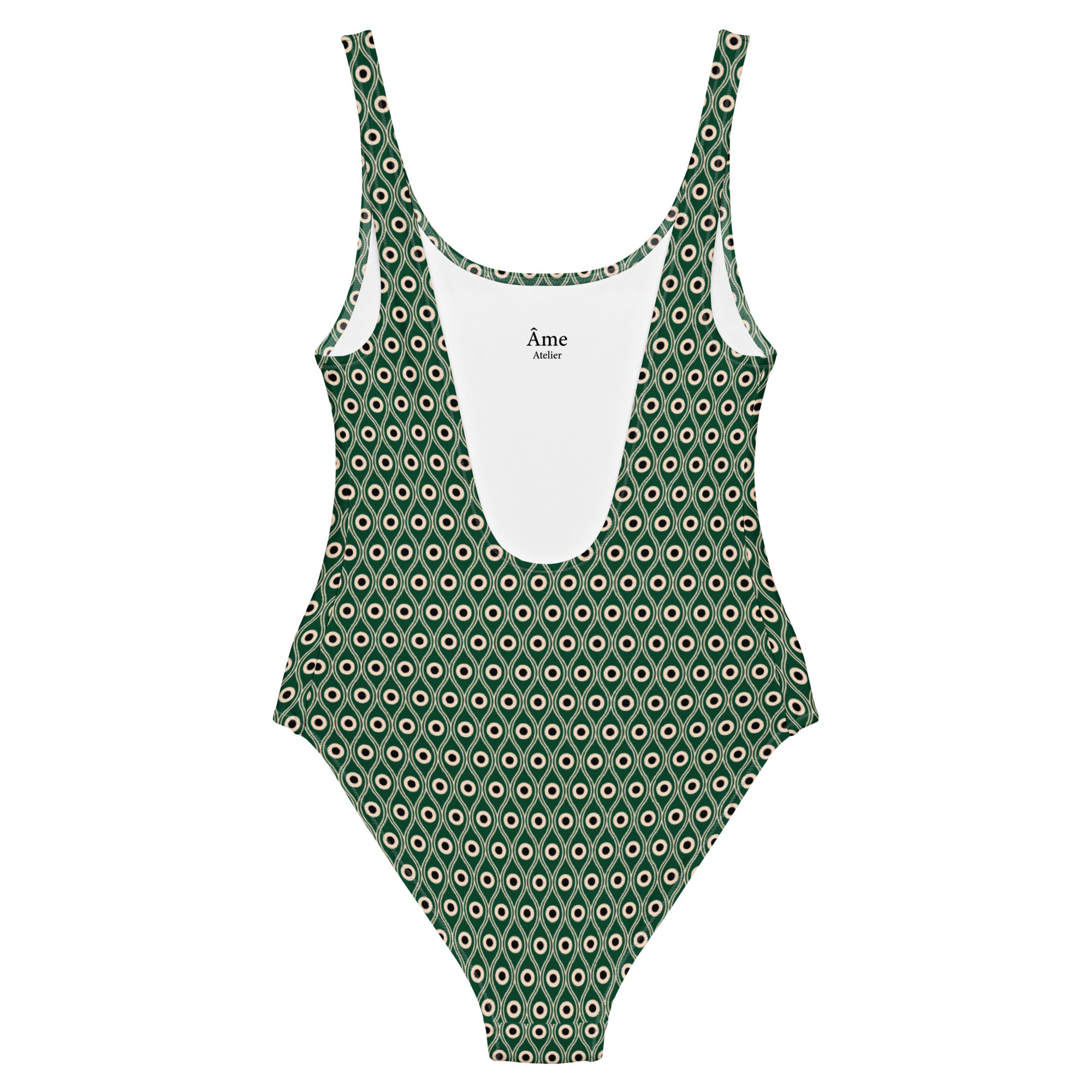 Back view of L'œil de paon peacock-print swimsuit in abyss green