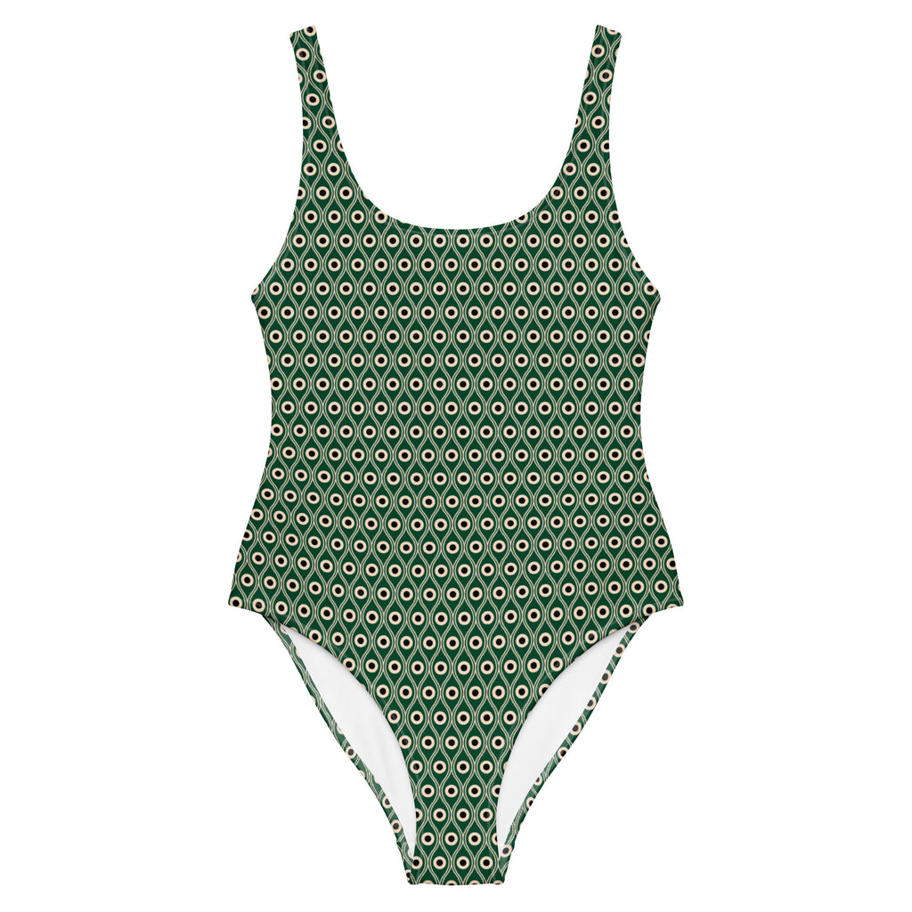 Front view of L'œil de paon peacock-print swimsuit in abyss green