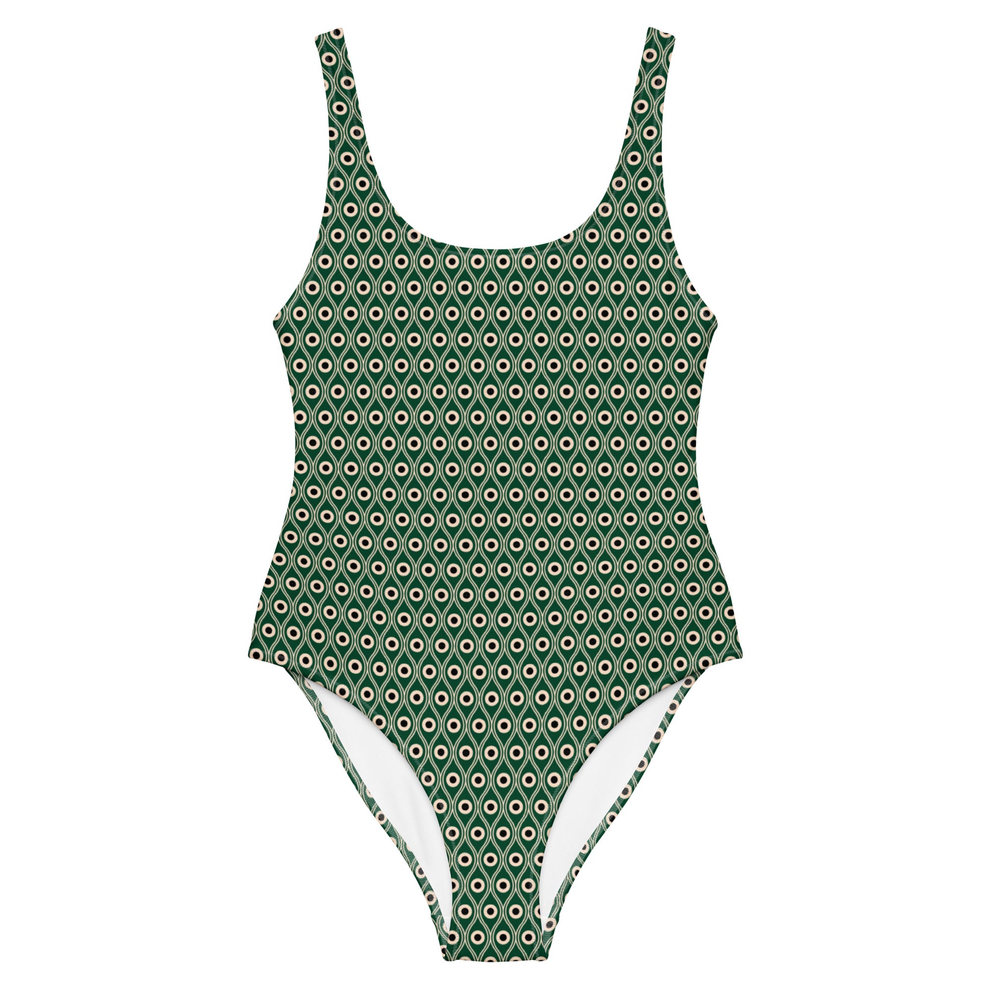 Front view of L'œil de paon peacock-print swimsuit in abyss green