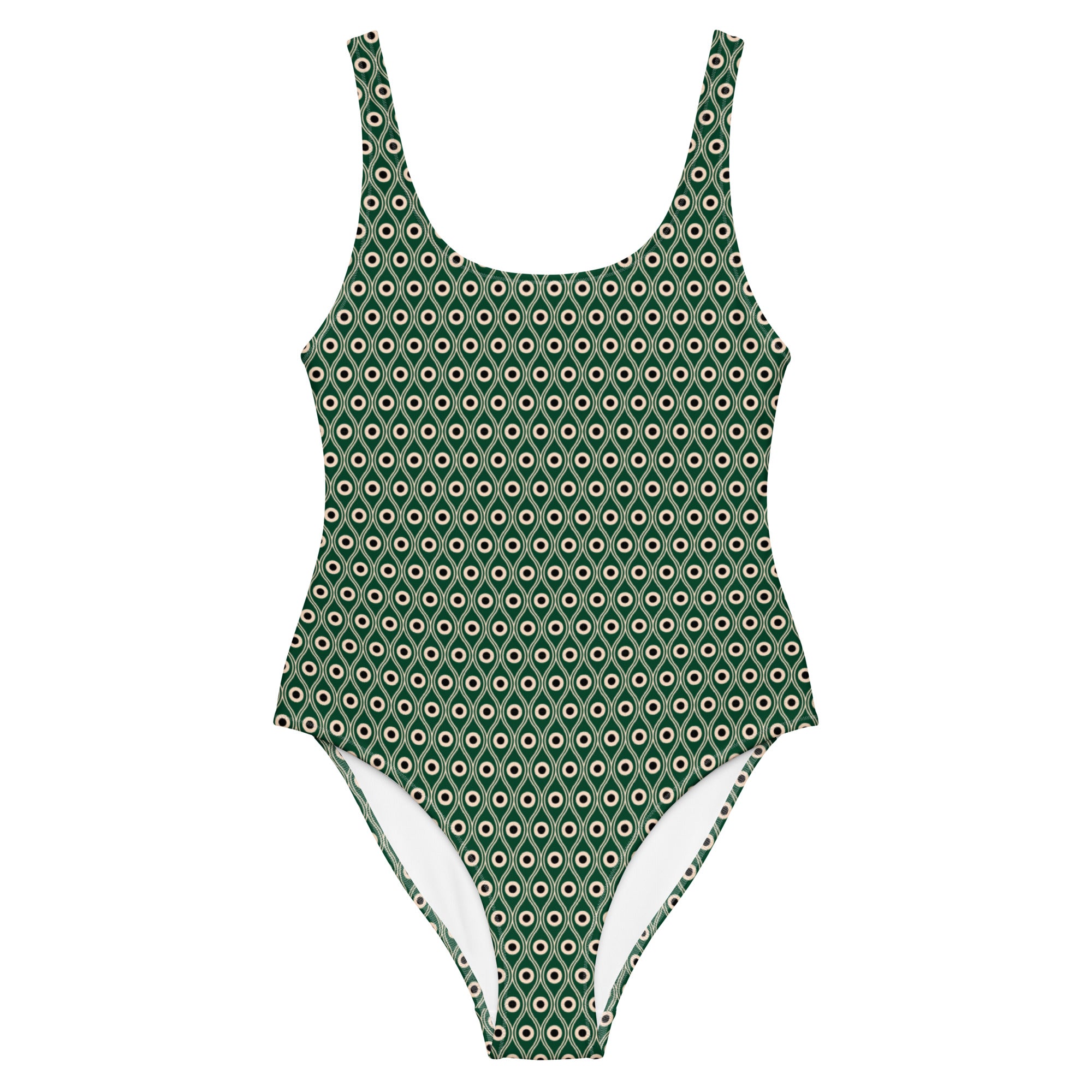Front view of L'œil de paon peacock-print swimsuit in abyss green