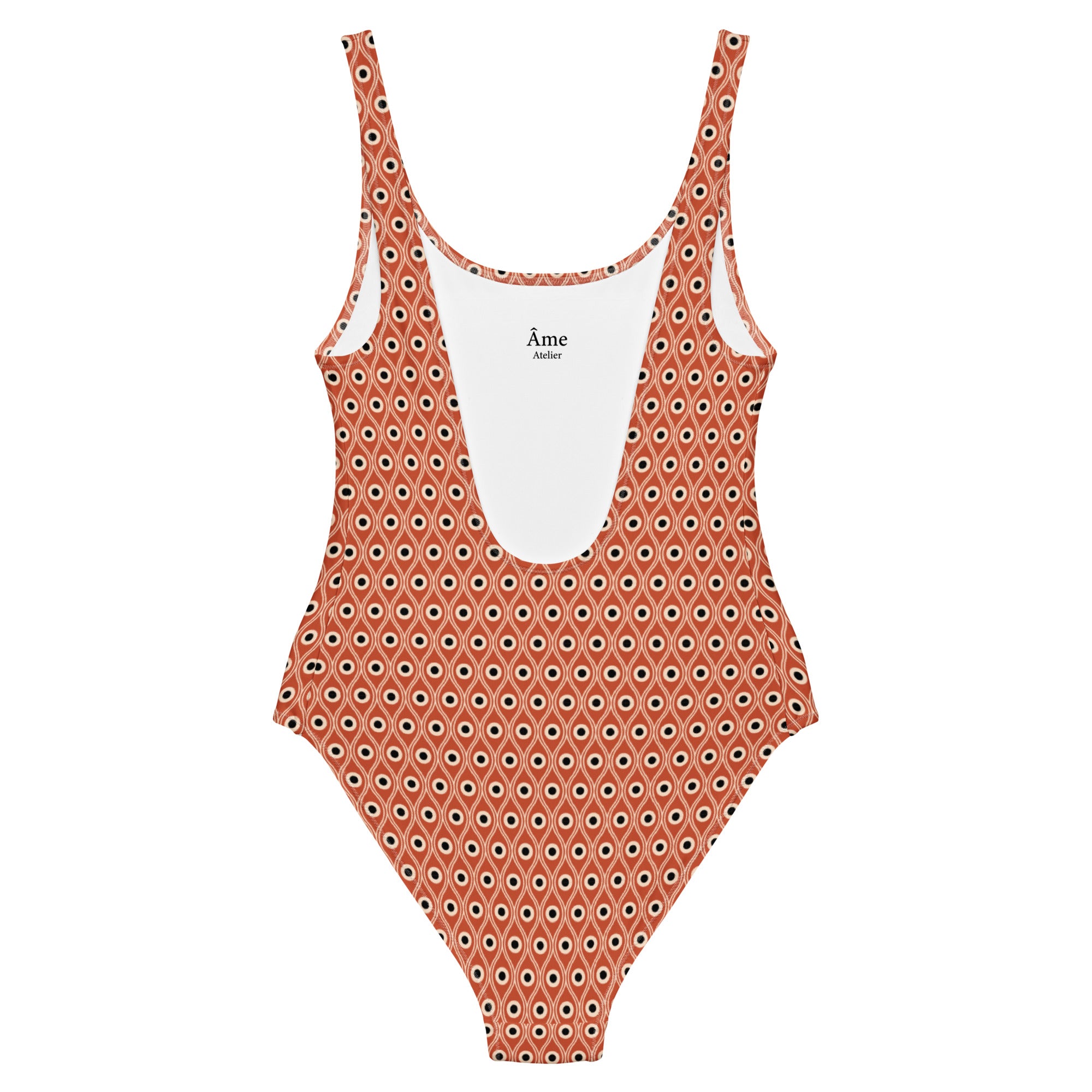 Back view of L'œil de paon peacock-print swimsuit in terracotta