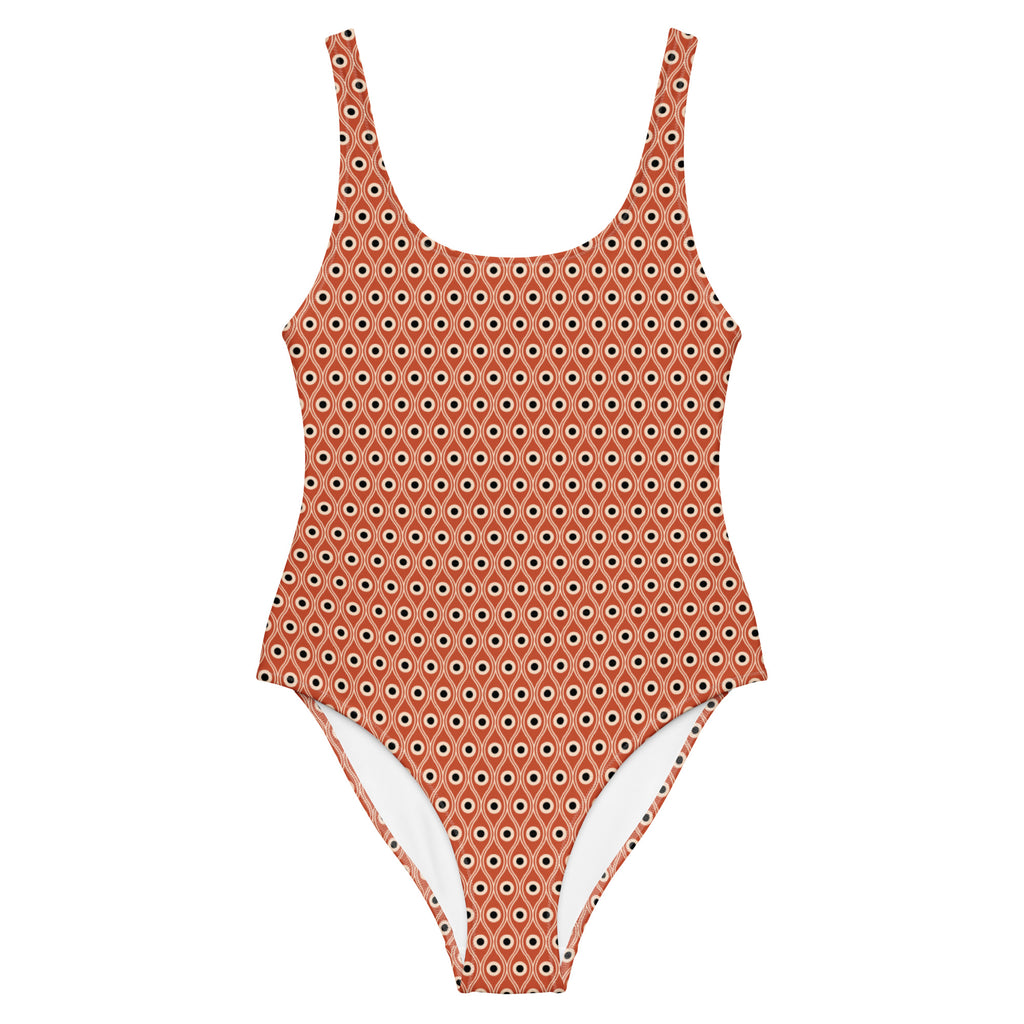 Front view of L'œil de paon peacock-print swimsuit in terracotta