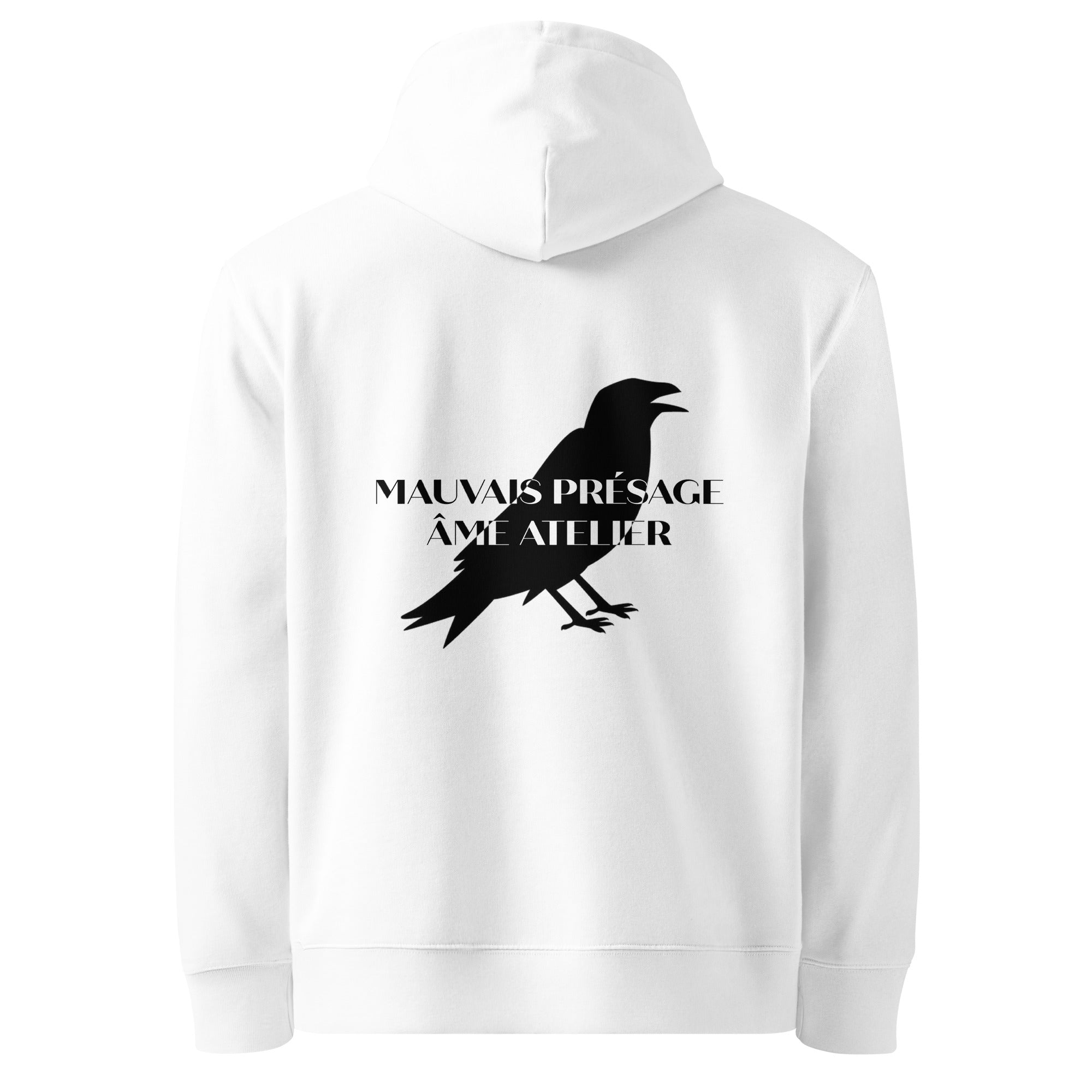 Back view of Mauvais Présage organic cotton hoodie with a crow printed on the back