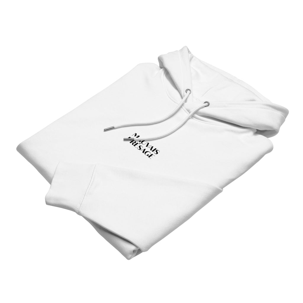 Folded view of Mauvais Présage organic cotton hoodie with a crow printed on the back