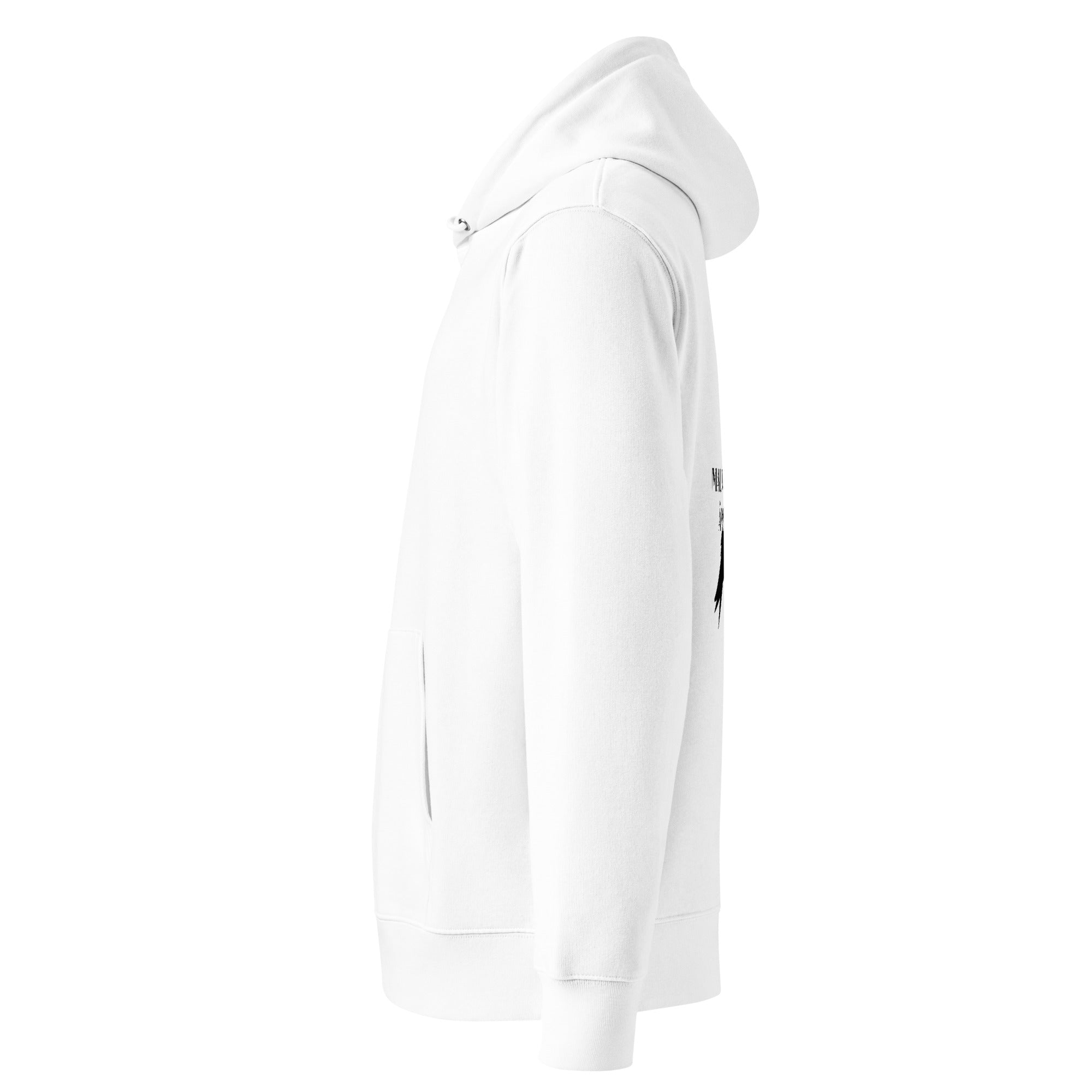 Side view of Mauvais Présage organic cotton hoodie with a crow printed on the back