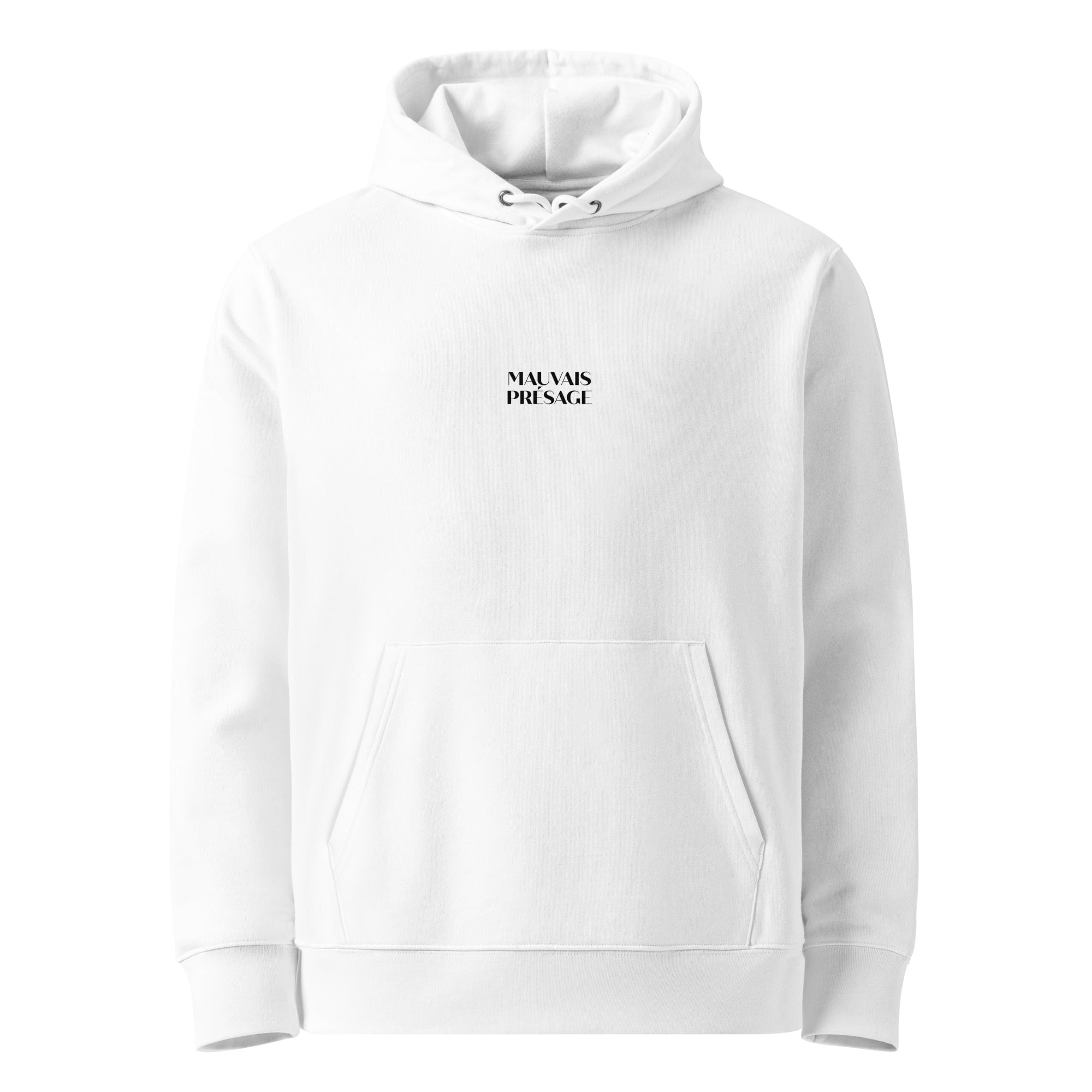 Front view of Mauvais Présage organic cotton hoodie with a crow printed on the back