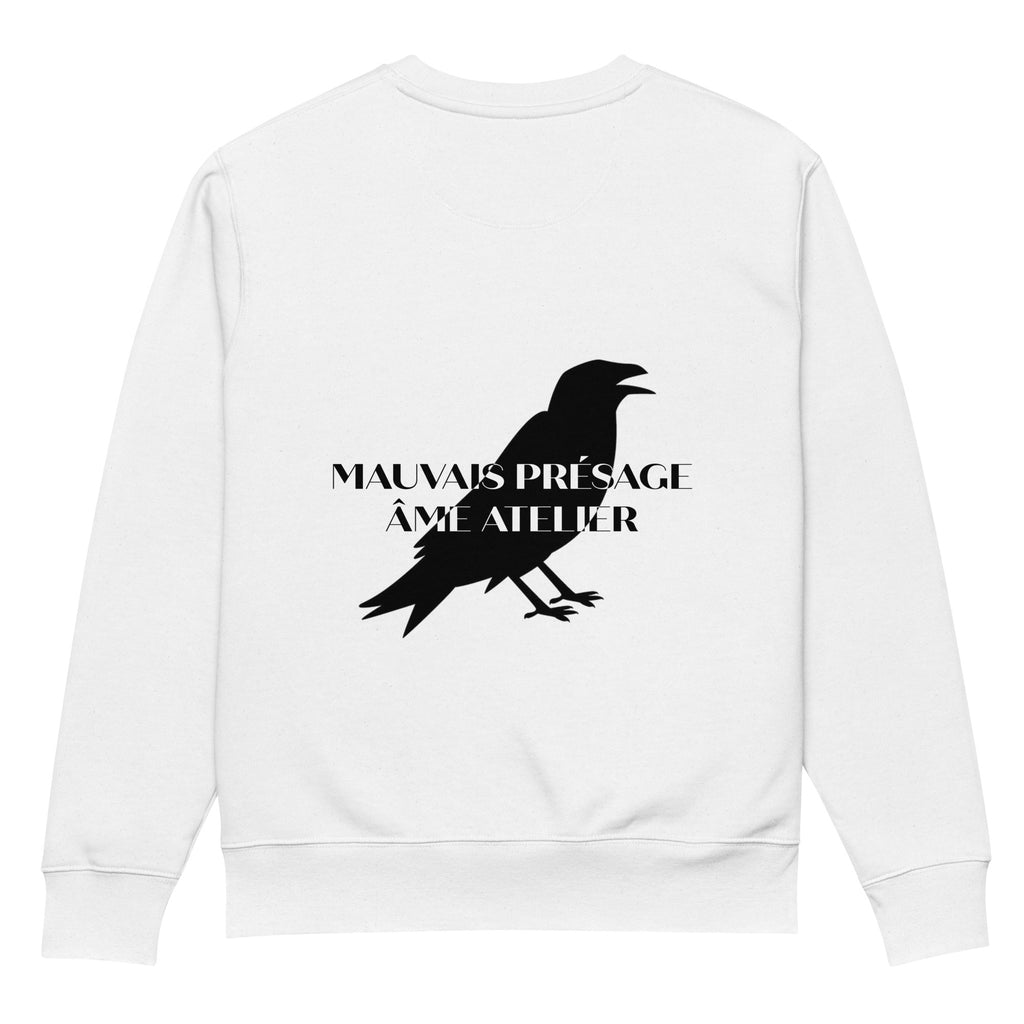 Back view of Mauvais Présage white sweatshirt in organic cotton with a printed crow