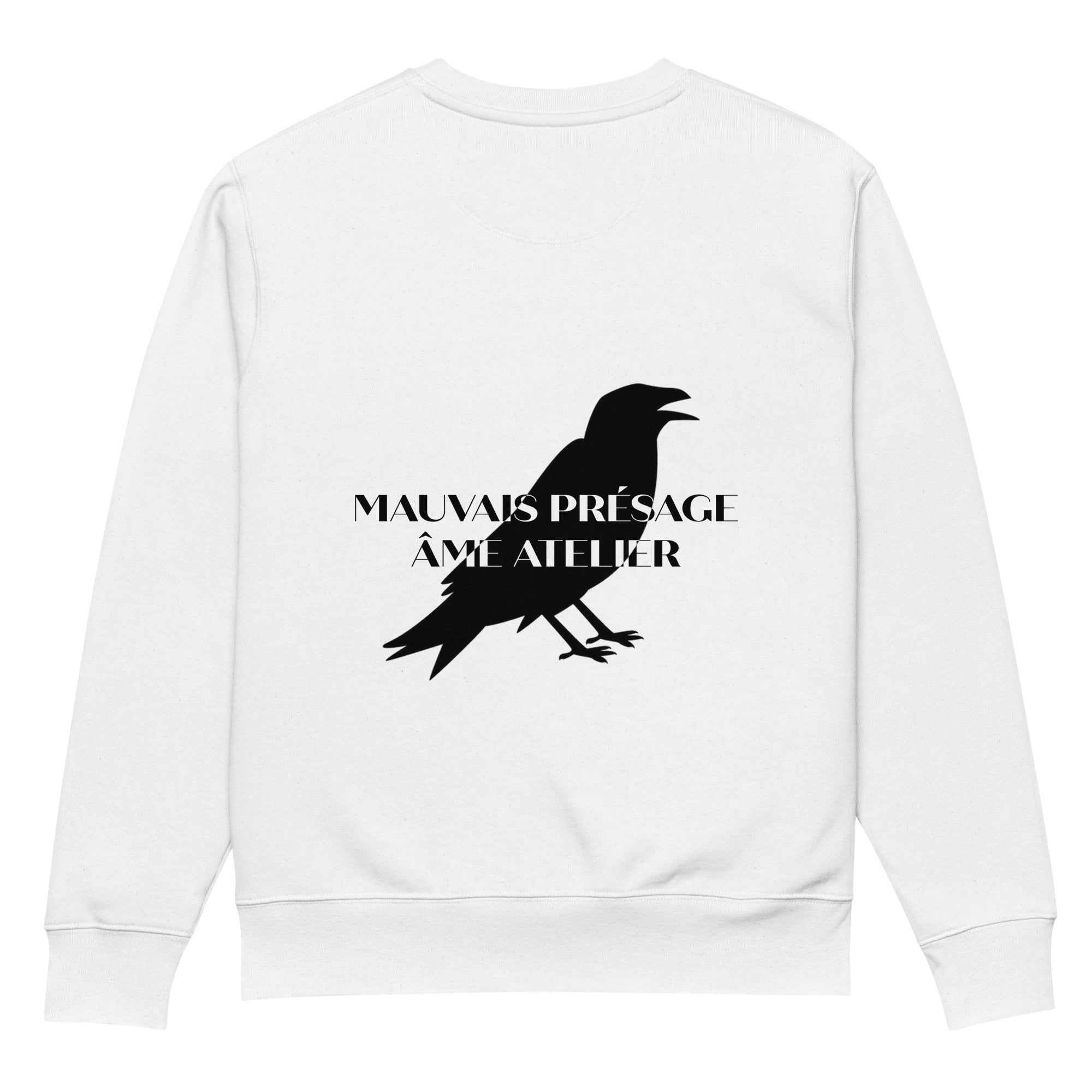 Back view of Mauvais Présage white sweatshirt in organic cotton with a printed crow