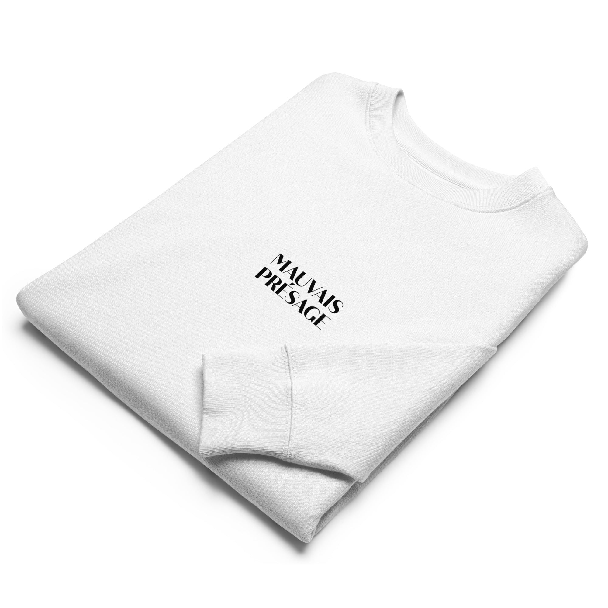 Folded view of Mauvais Présage white sweatshirt in organic cotton with a printed crow