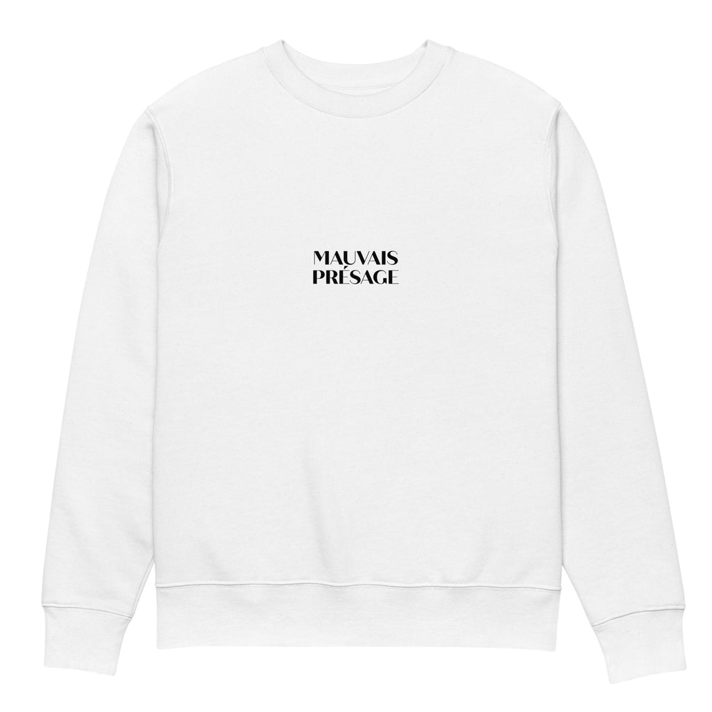 Front view of Mauvais Présage white sweatshirt in organic cotton with a printed crow