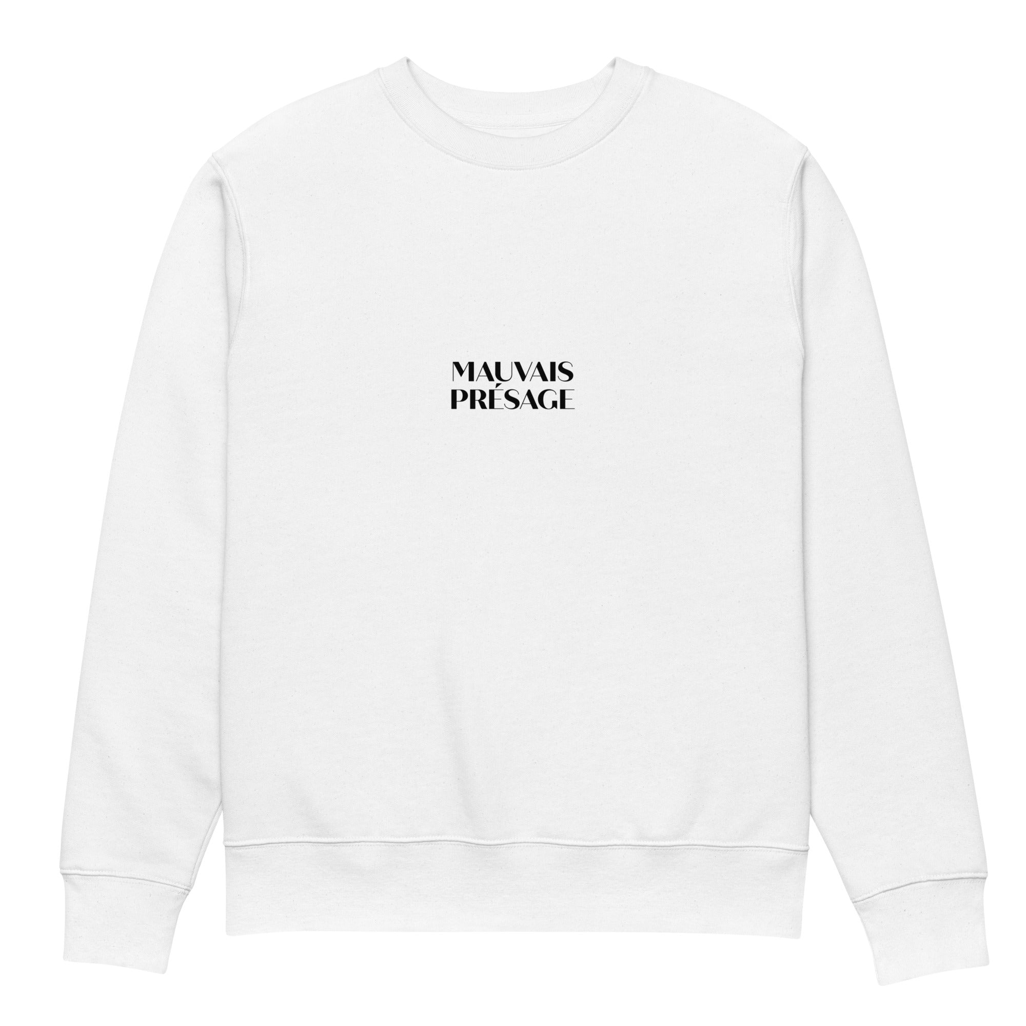 Front view of Mauvais Présage white sweatshirt in organic cotton with a printed crow