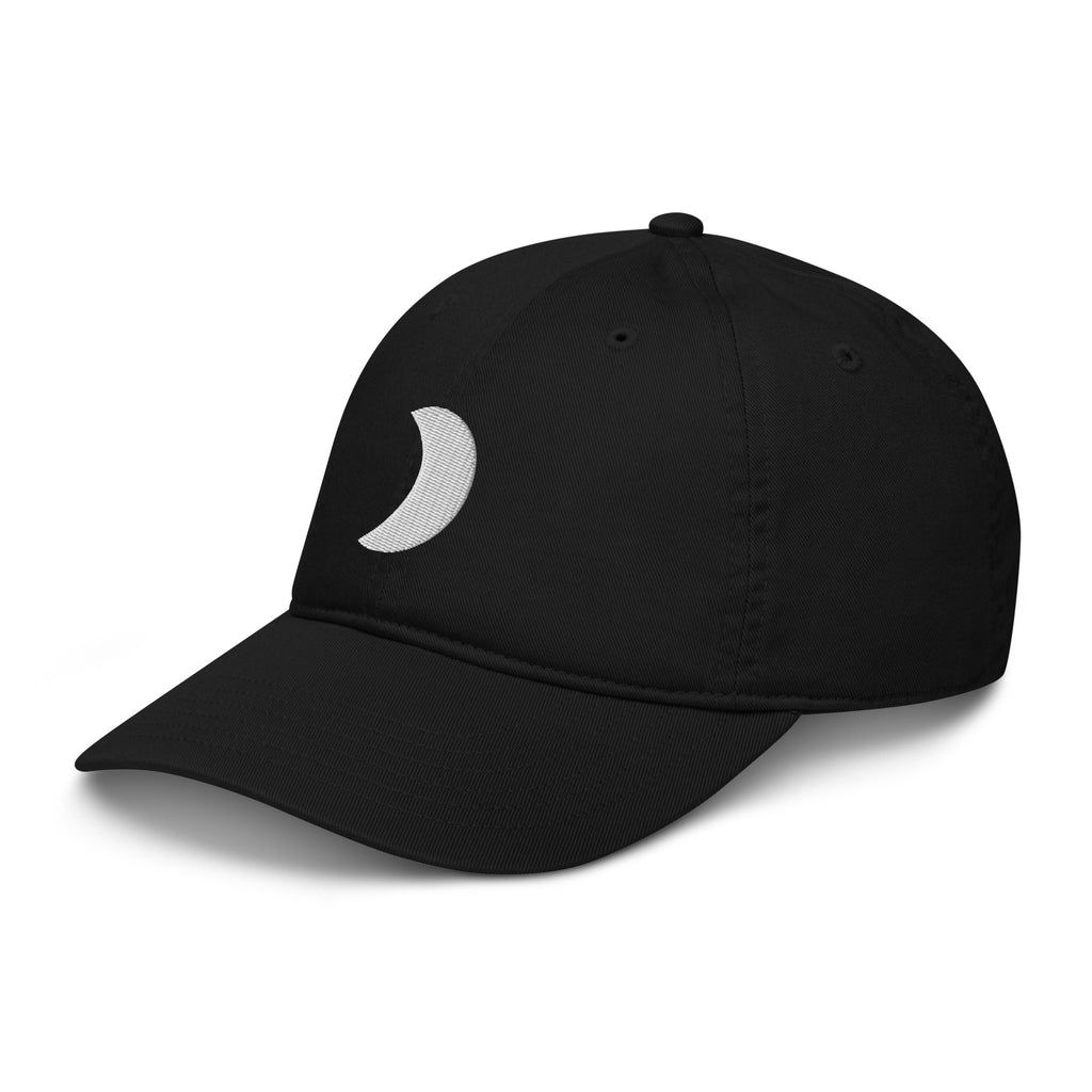 Side view of Moon black cap in organic cotton with an embroidered crescent moon