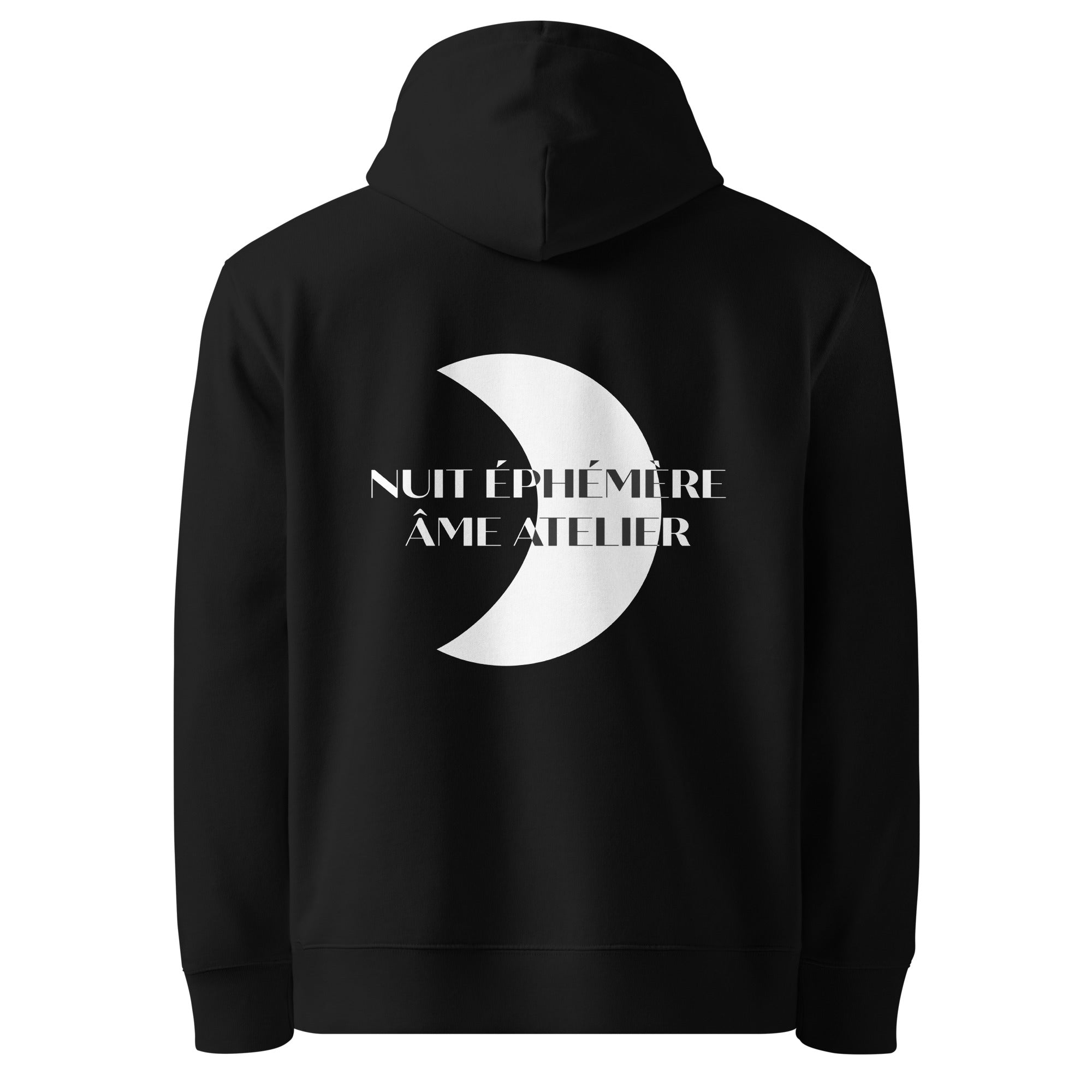 Back view of Nuit Éphémère organic cotton hoodie with a printed moon on the back