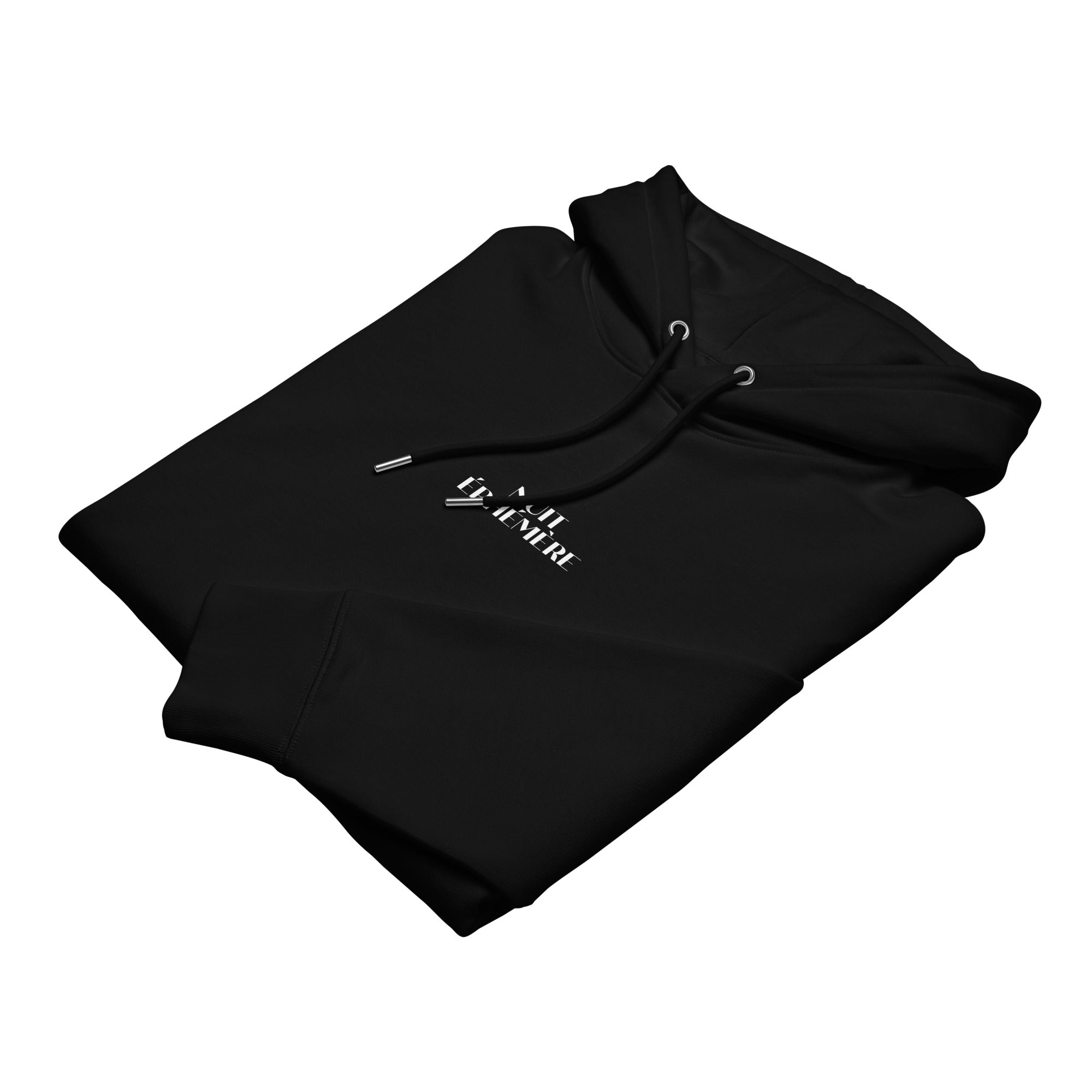 Folded view of Nuit Éphémère organic cotton hoodie with a printed moon on the back