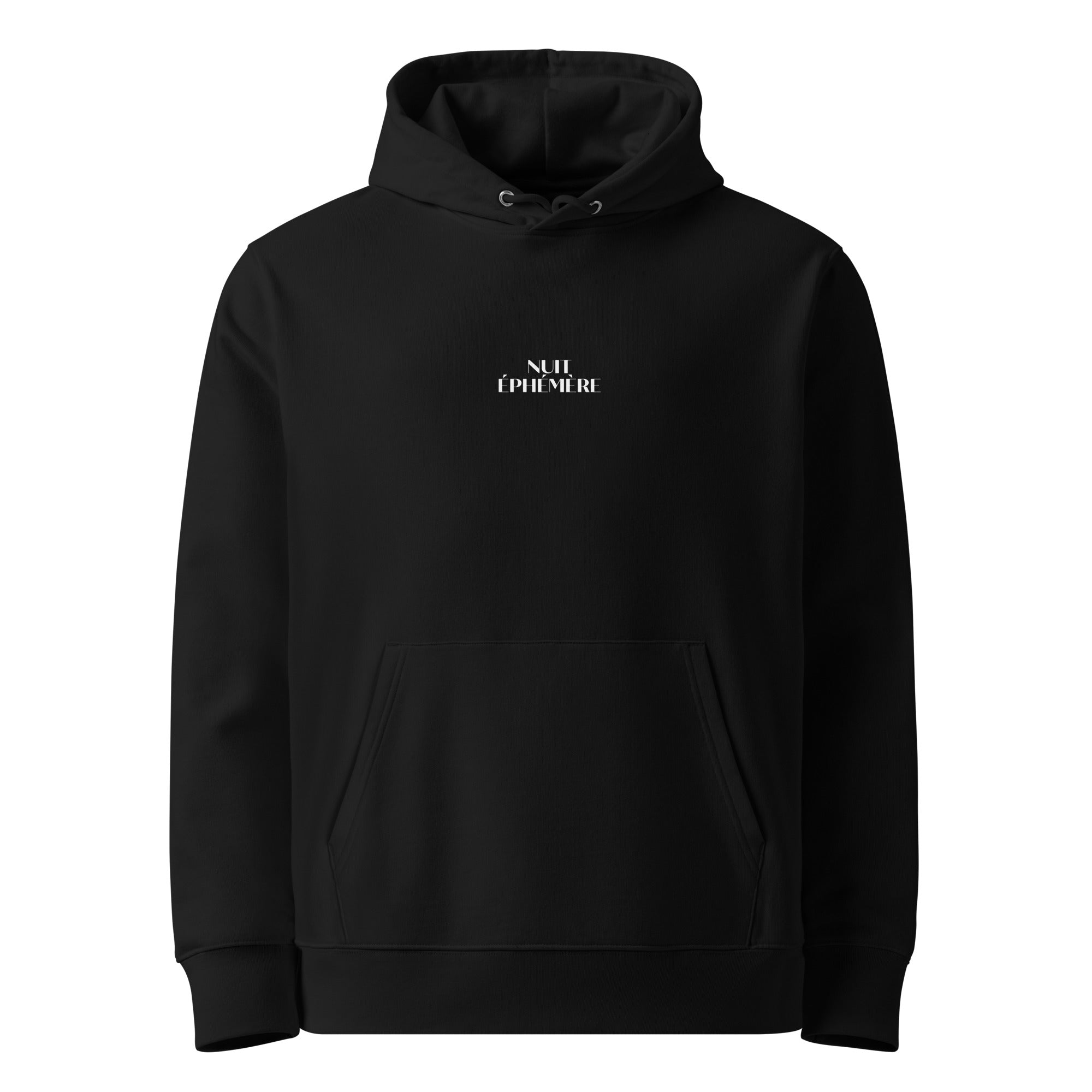Front view of Nuit Éphémère organic cotton hoodie with a printed moon on the back