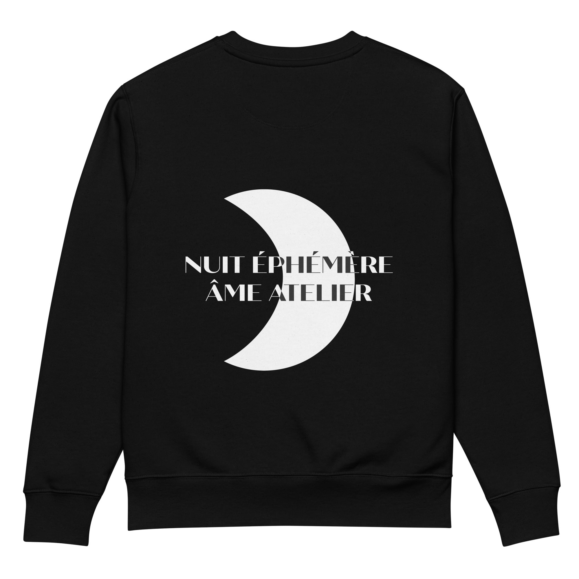 Back view of Nuit Éphémère black sweatshirt in organic cotton with a printed moon