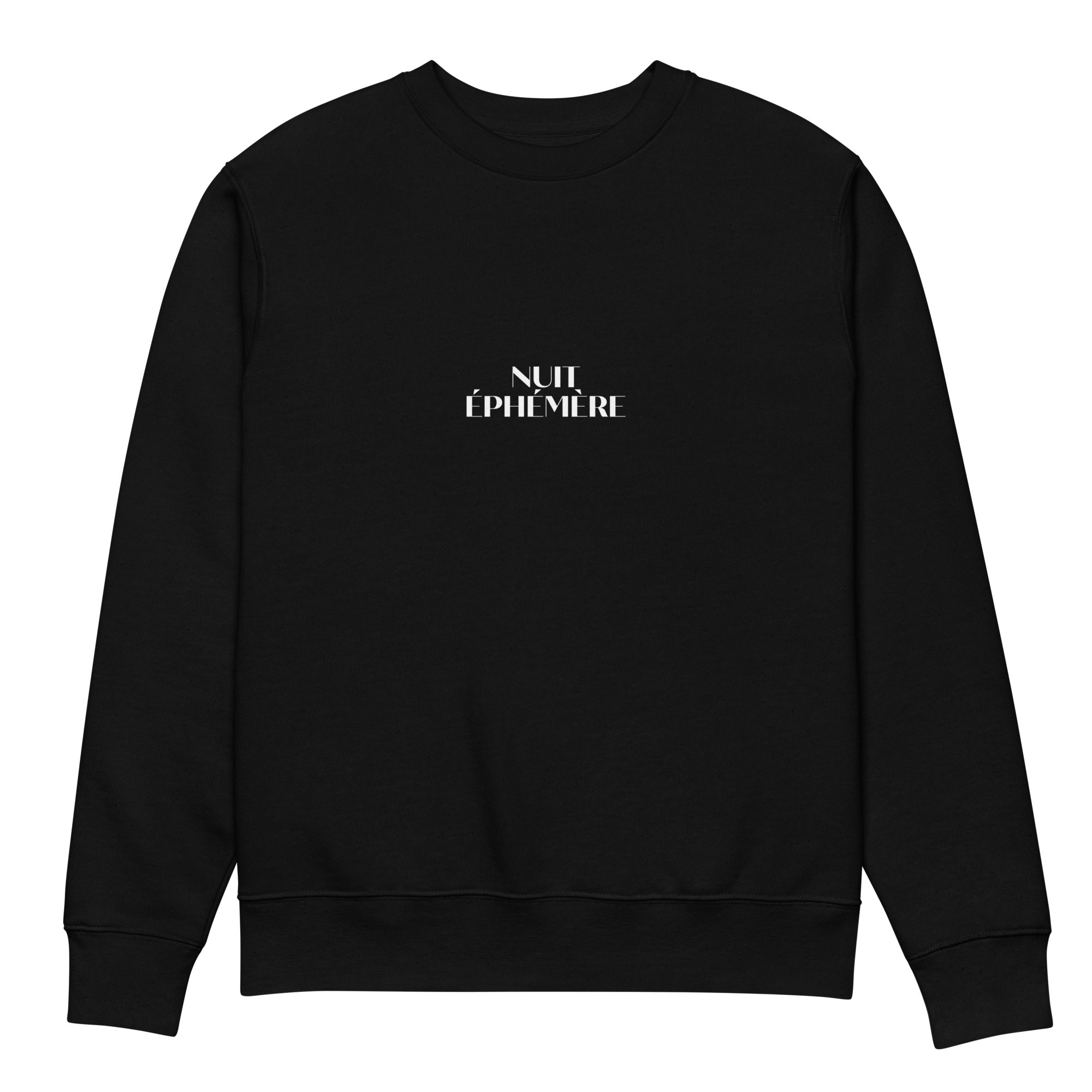 Front view of Nuit Éphémère black sweatshirt in organic cotton with a printed moon