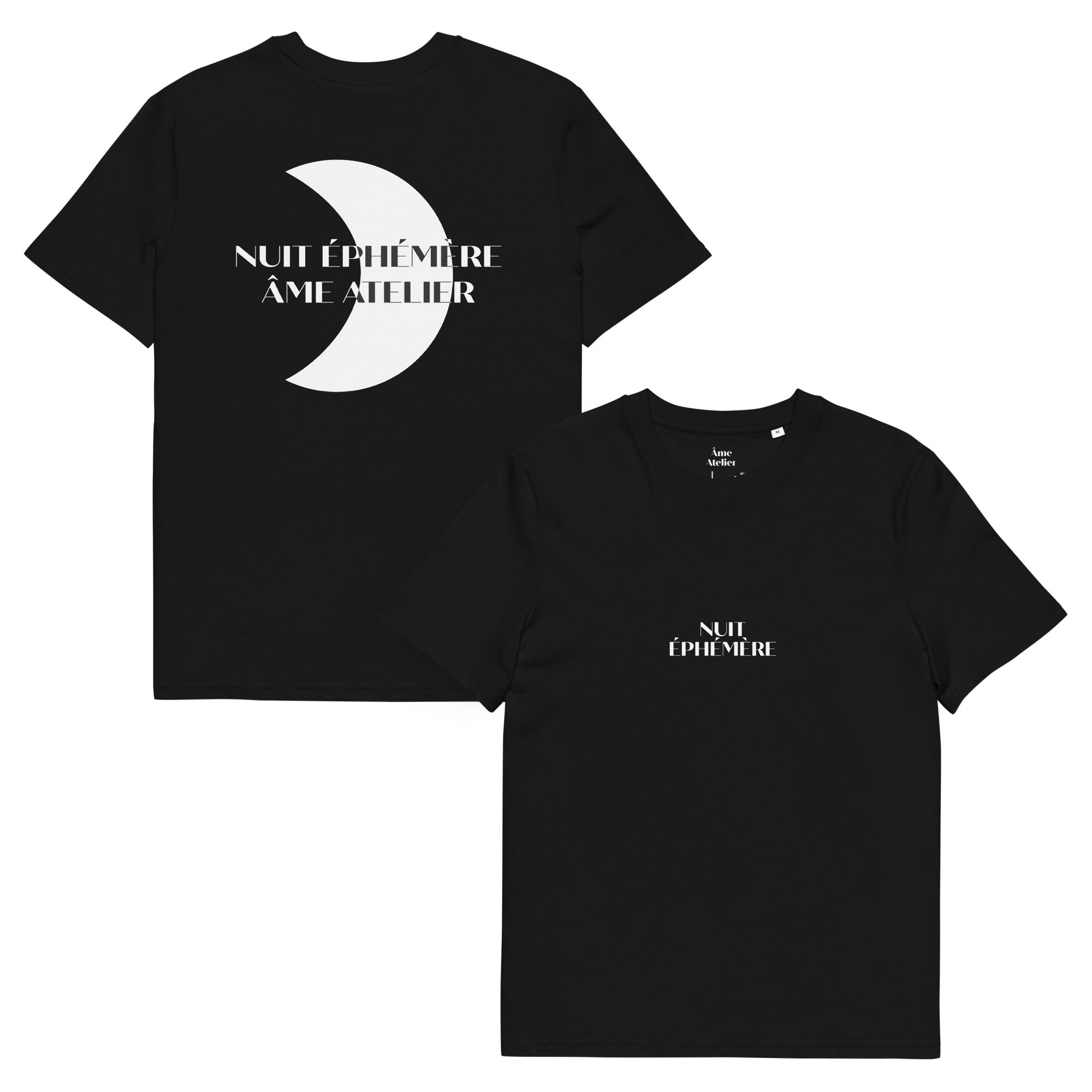 Overview of Nuit Éphémère black t-shirt in organic cotton with a printed moon