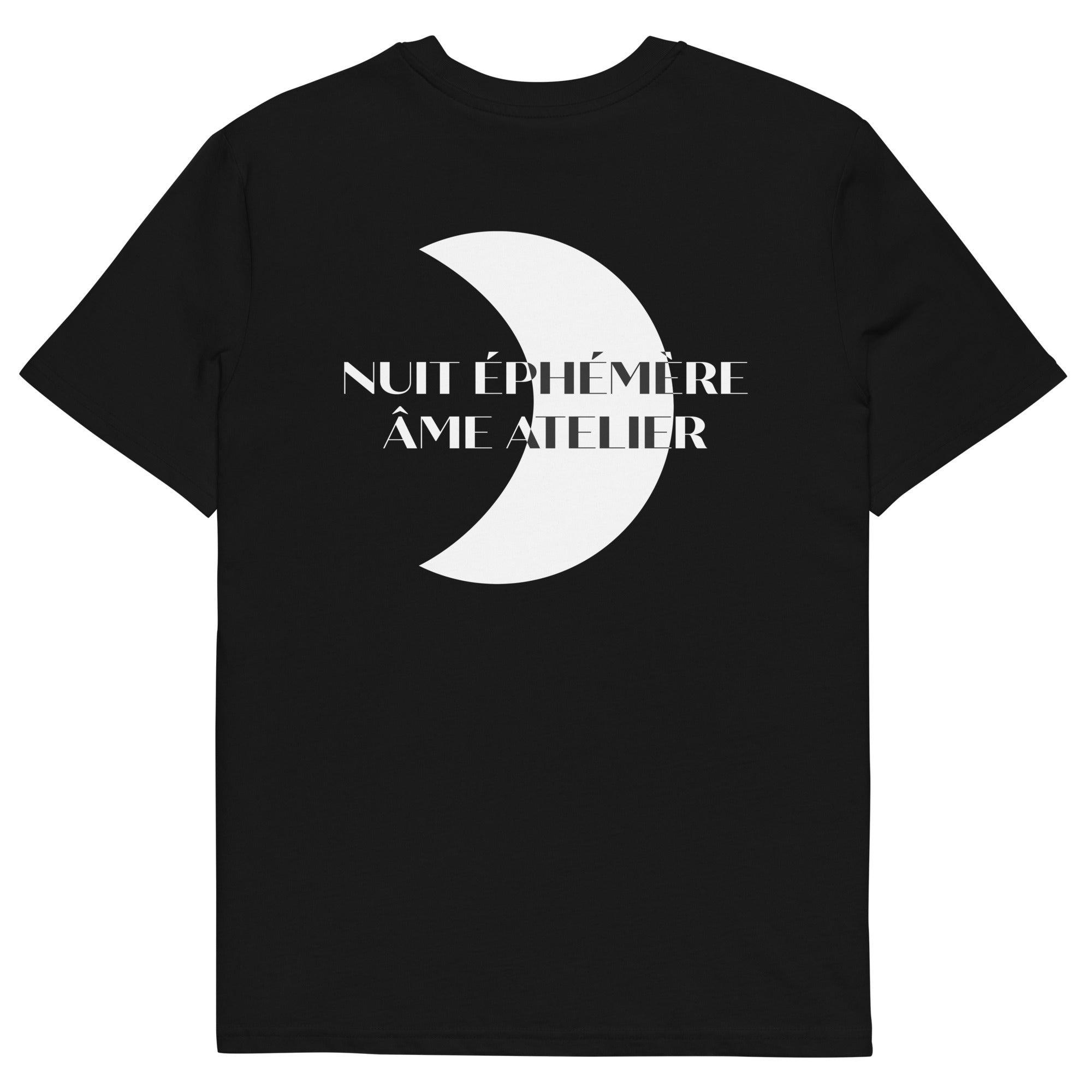 Back view of Nuit Éphémère black t-shirt in organic cotton with a printed moon