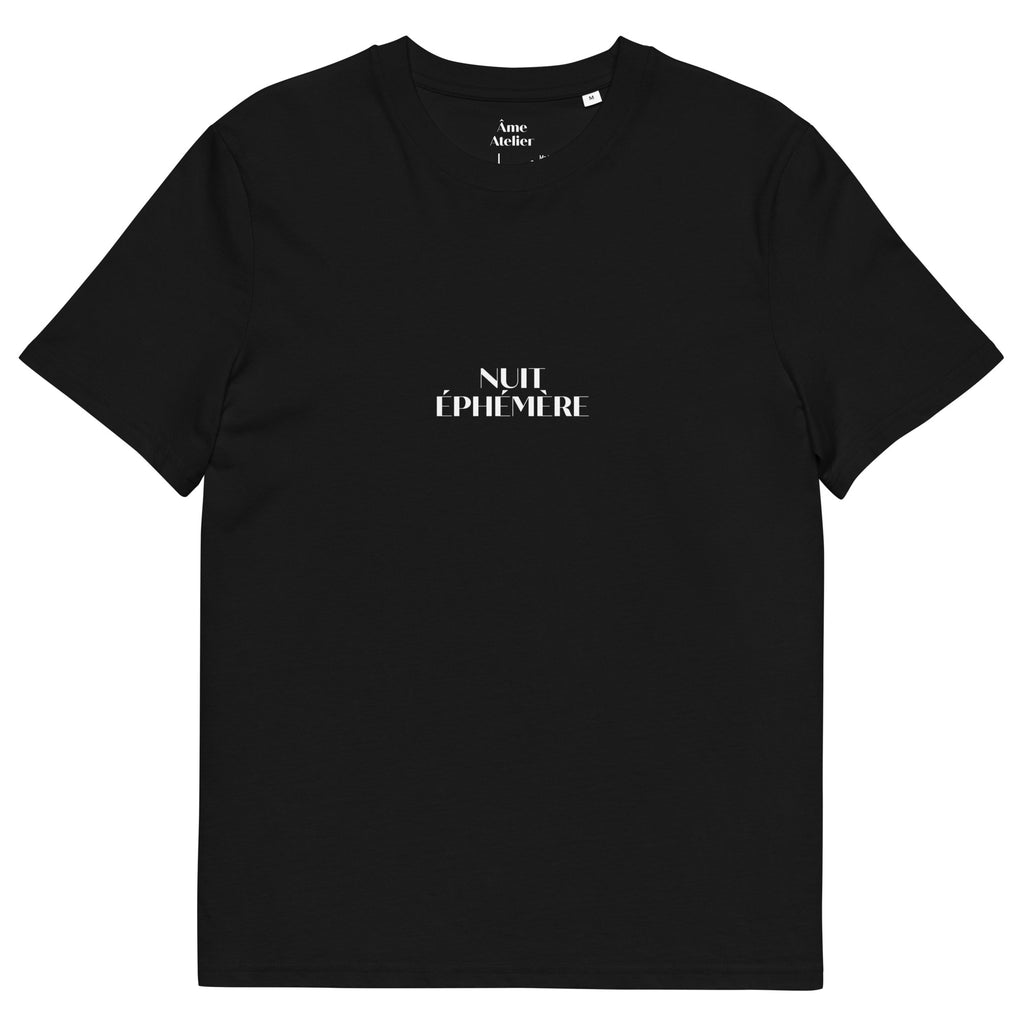 Front view of Nuit Éphémère black t-shirt in organic cotton with a printed moon