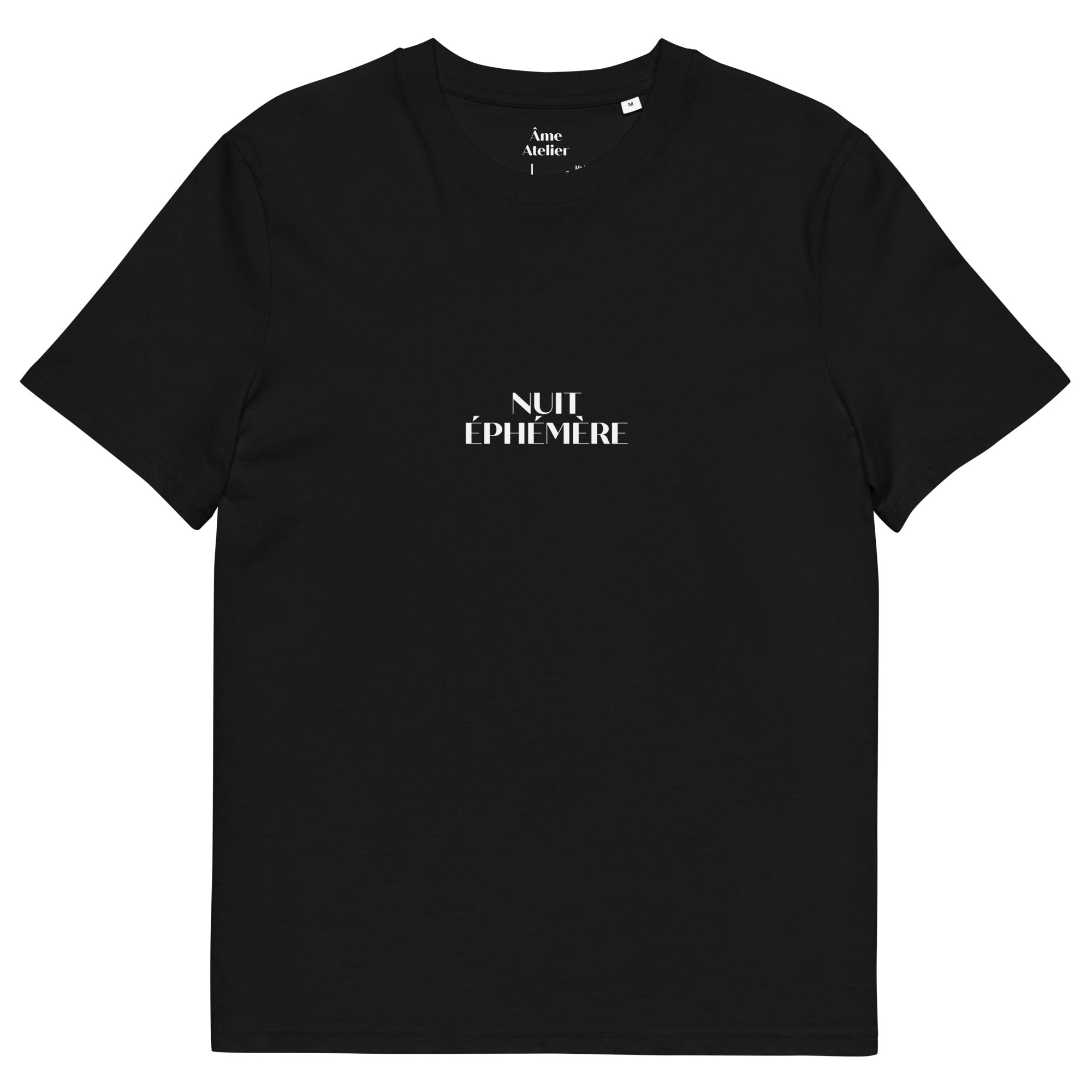 Front view of Nuit Éphémère black t-shirt in organic cotton with a printed moon