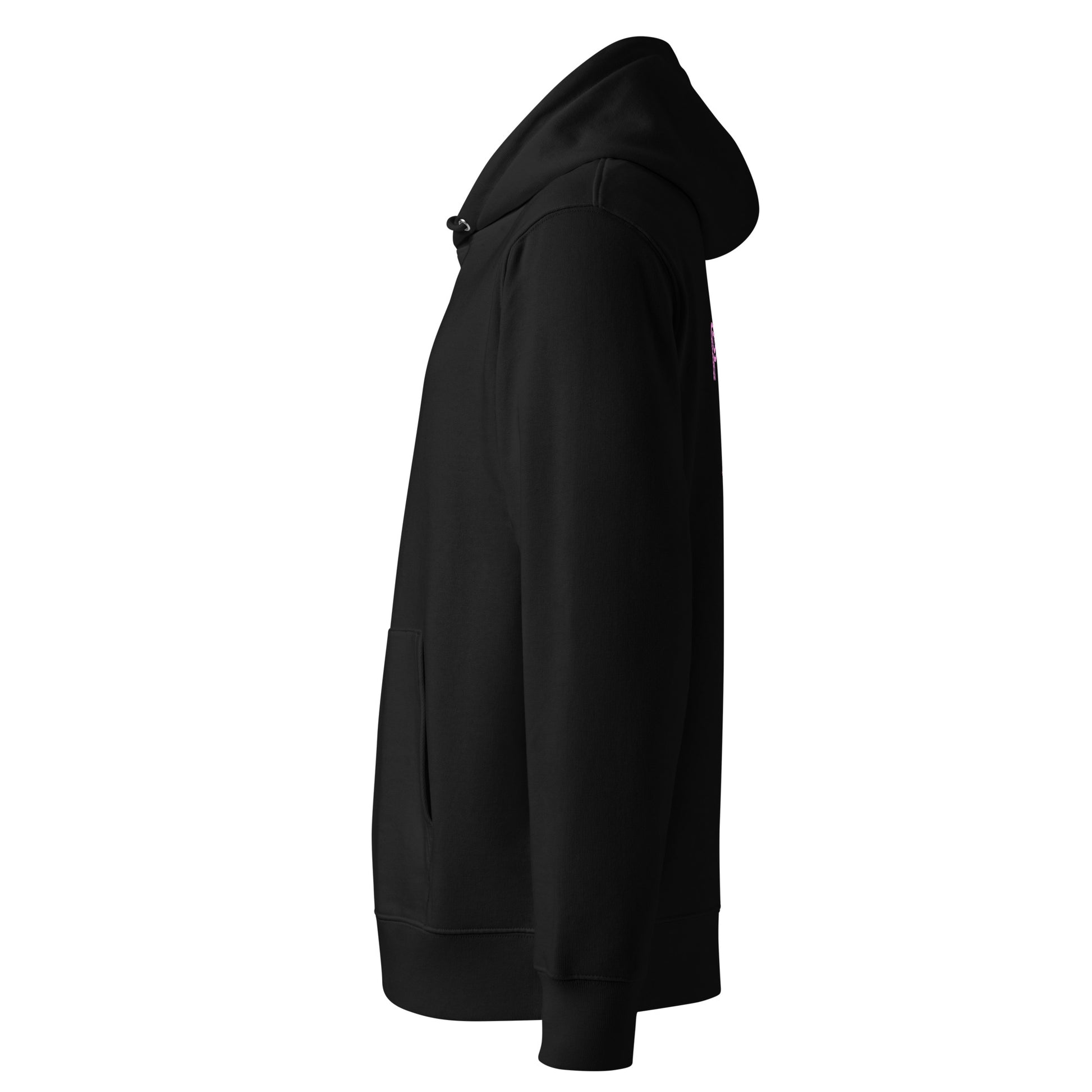 Side view of Pleasure organic cotton hoodie in black with powder pink print