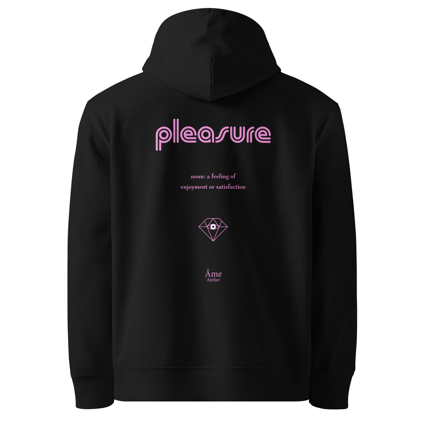Back view of Pleasure organic cotton hoodie in black with powder pink print