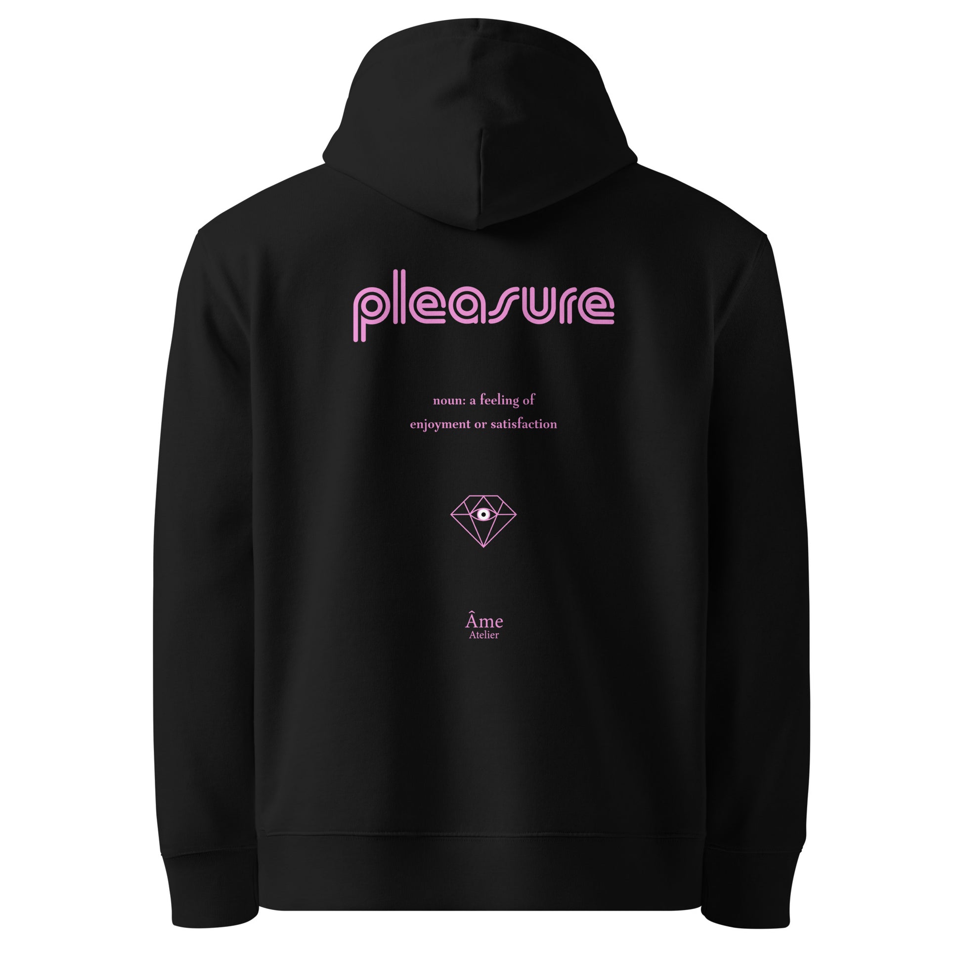 Back view of Pleasure organic cotton hoodie in black with powder pink print