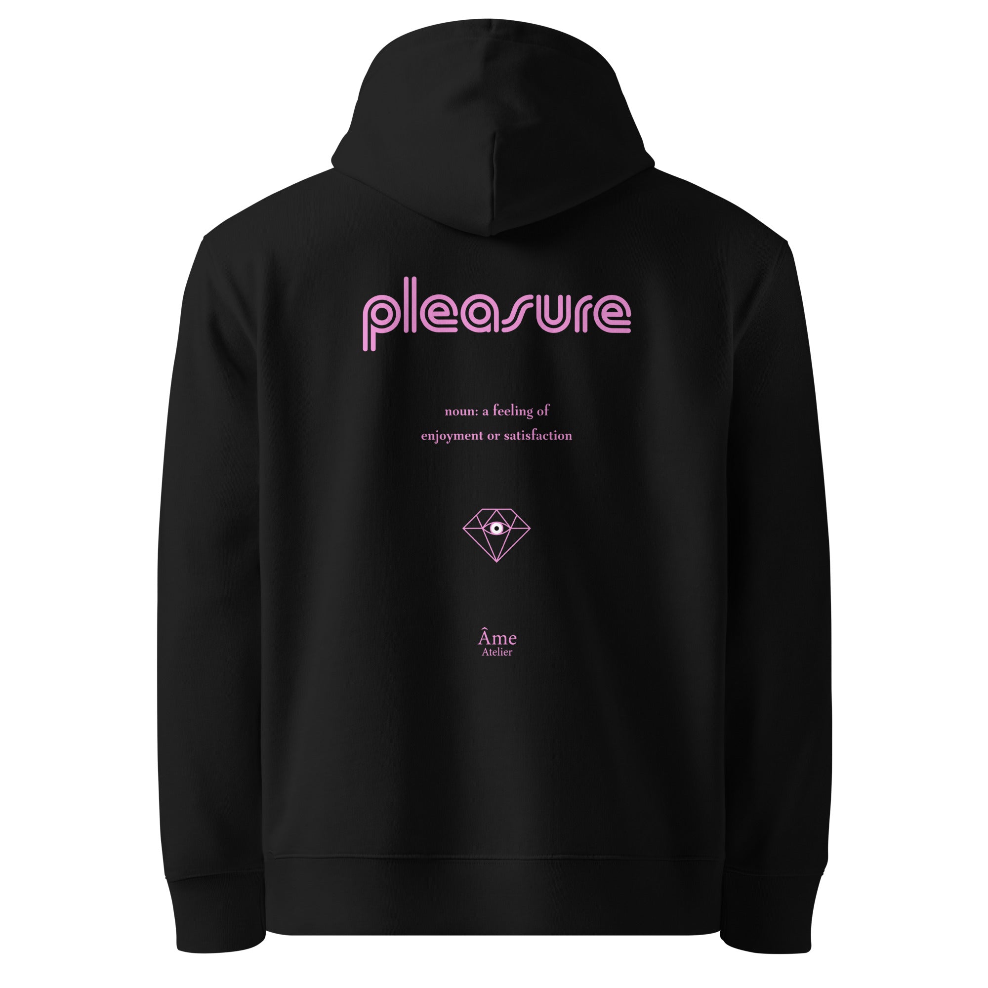 Back view of Pleasure organic cotton hoodie in black with powder pink print