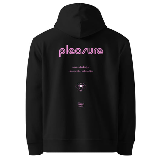 Back view of Pleasure organic cotton hoodie in black with powder pink print