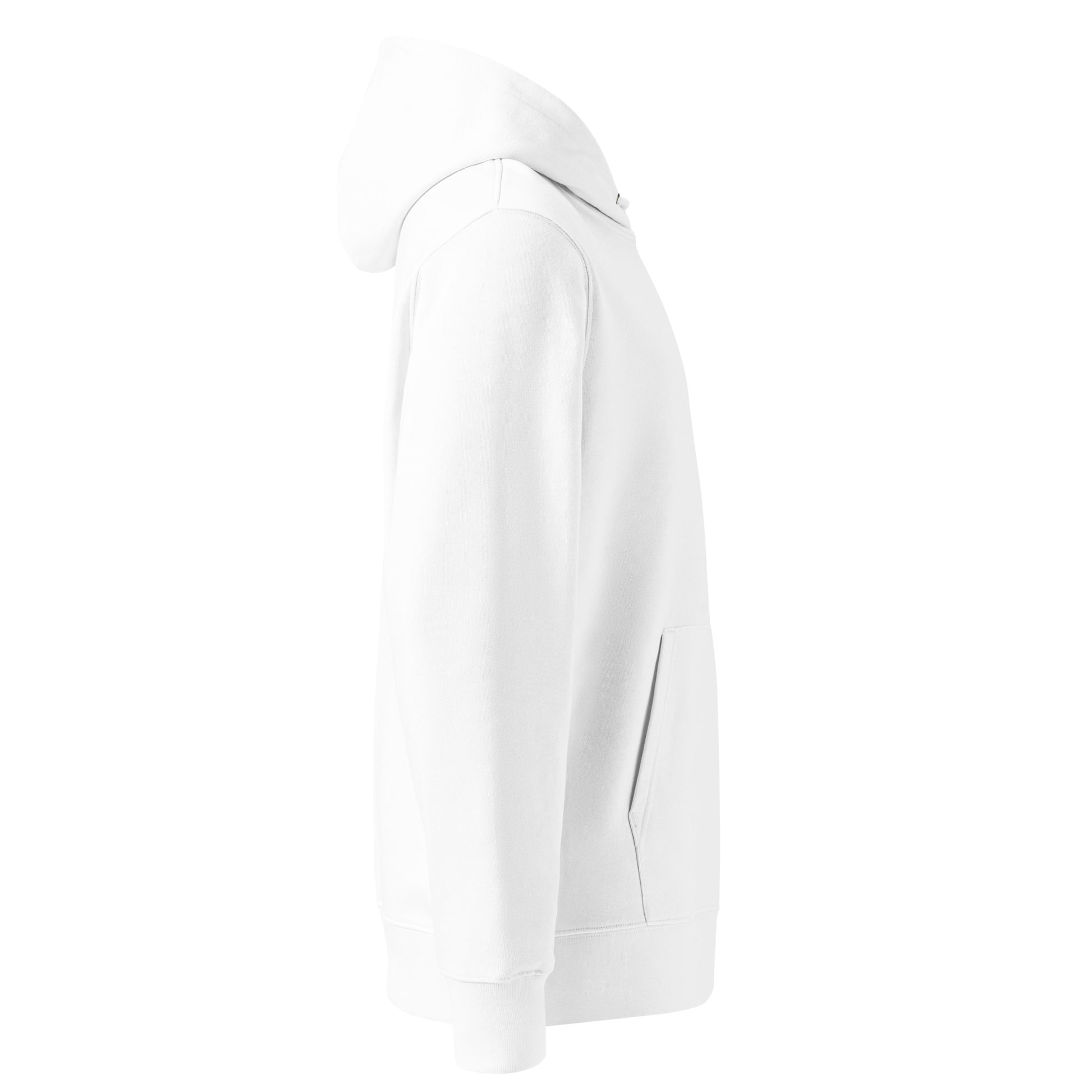 Side view of Pleasure organic cotton hoodie in white with powder pink print