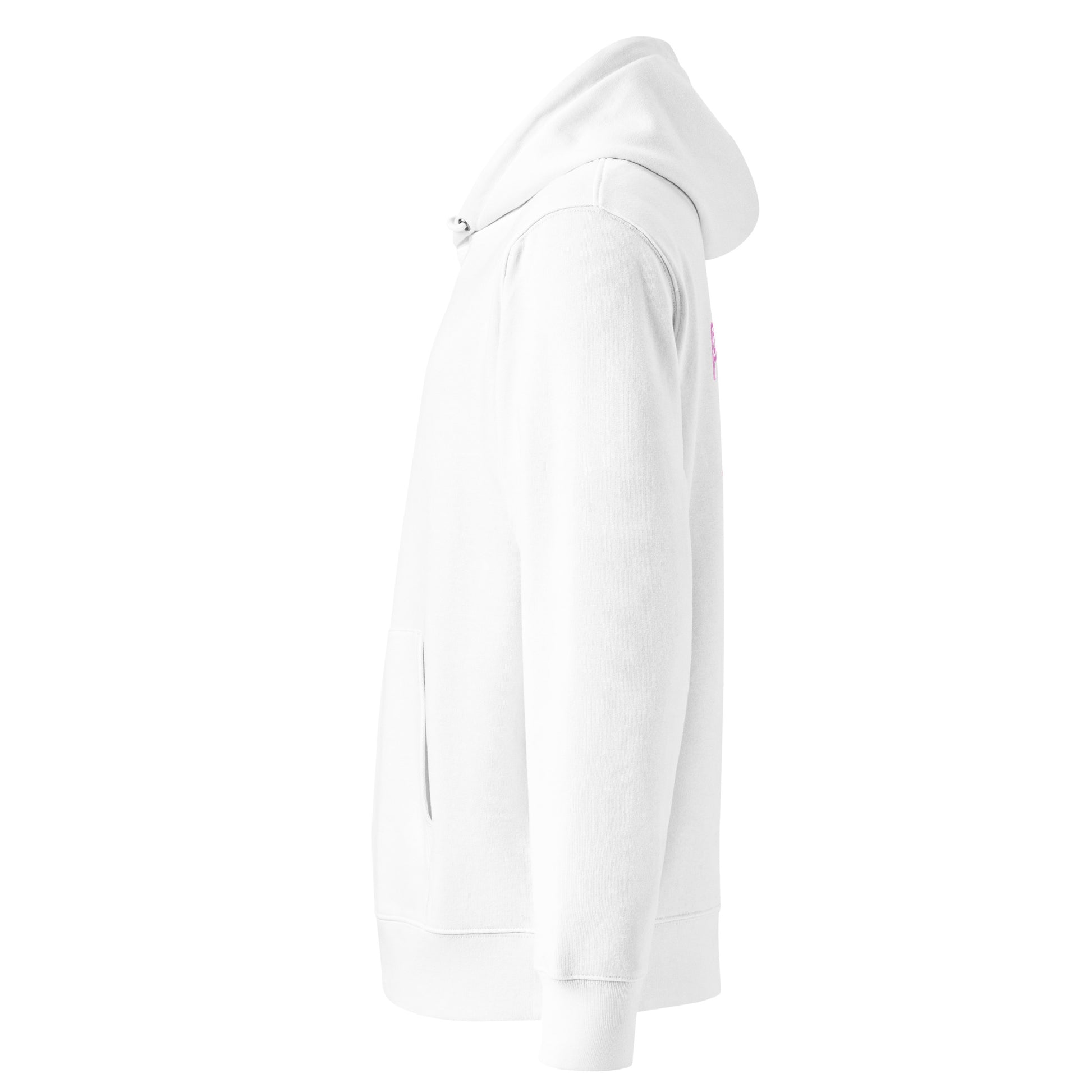 Side view of Pleasure organic cotton hoodie in white with powder pink print