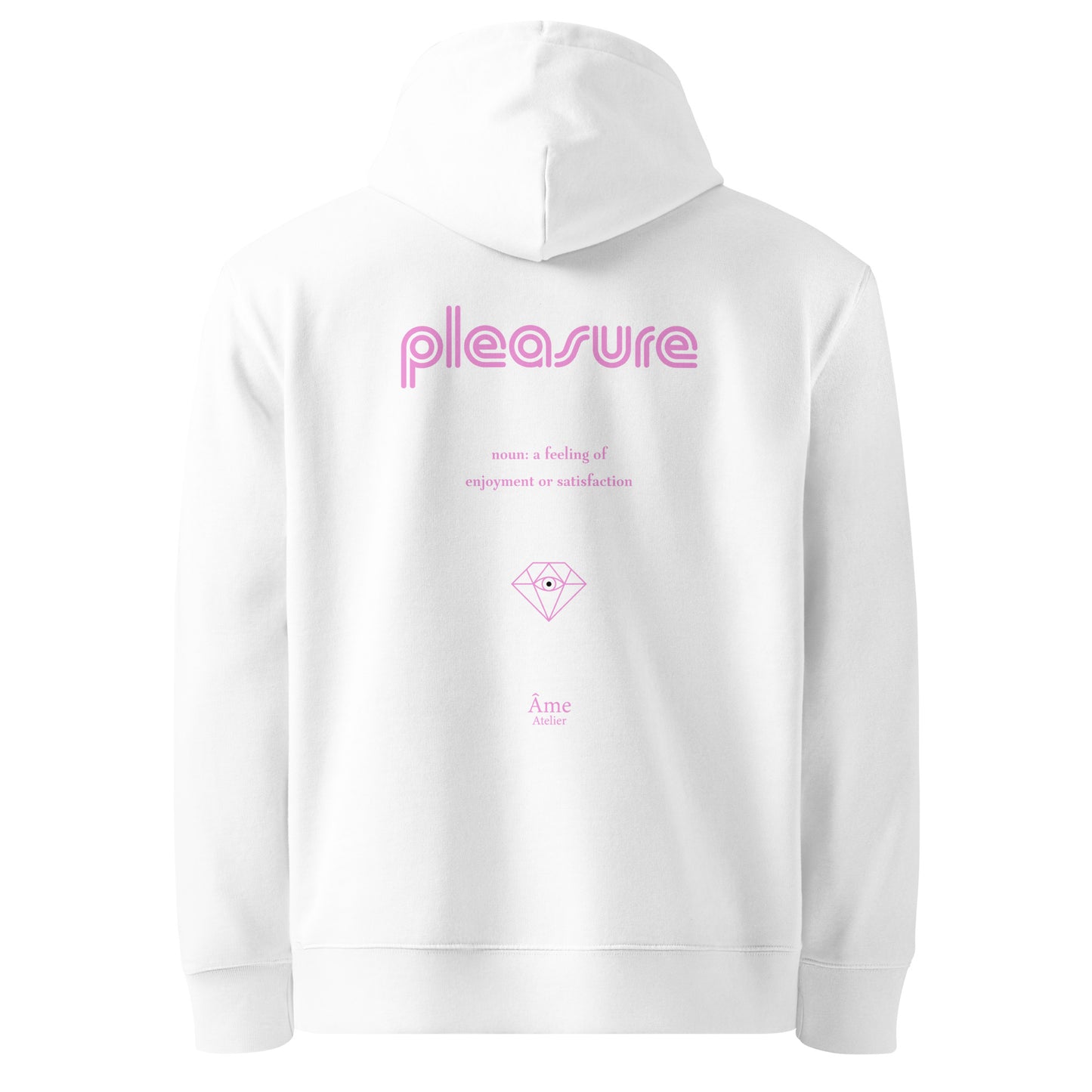 Back view of Pleasure organic cotton hoodie in white with powder pink print