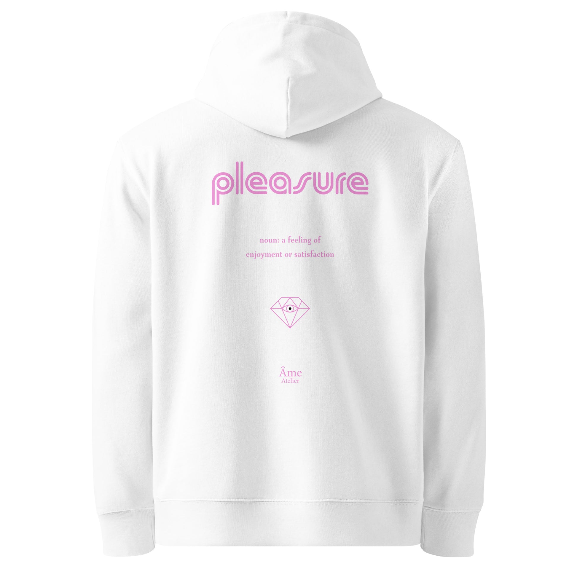 Back view of Pleasure organic cotton hoodie in white with powder pink print