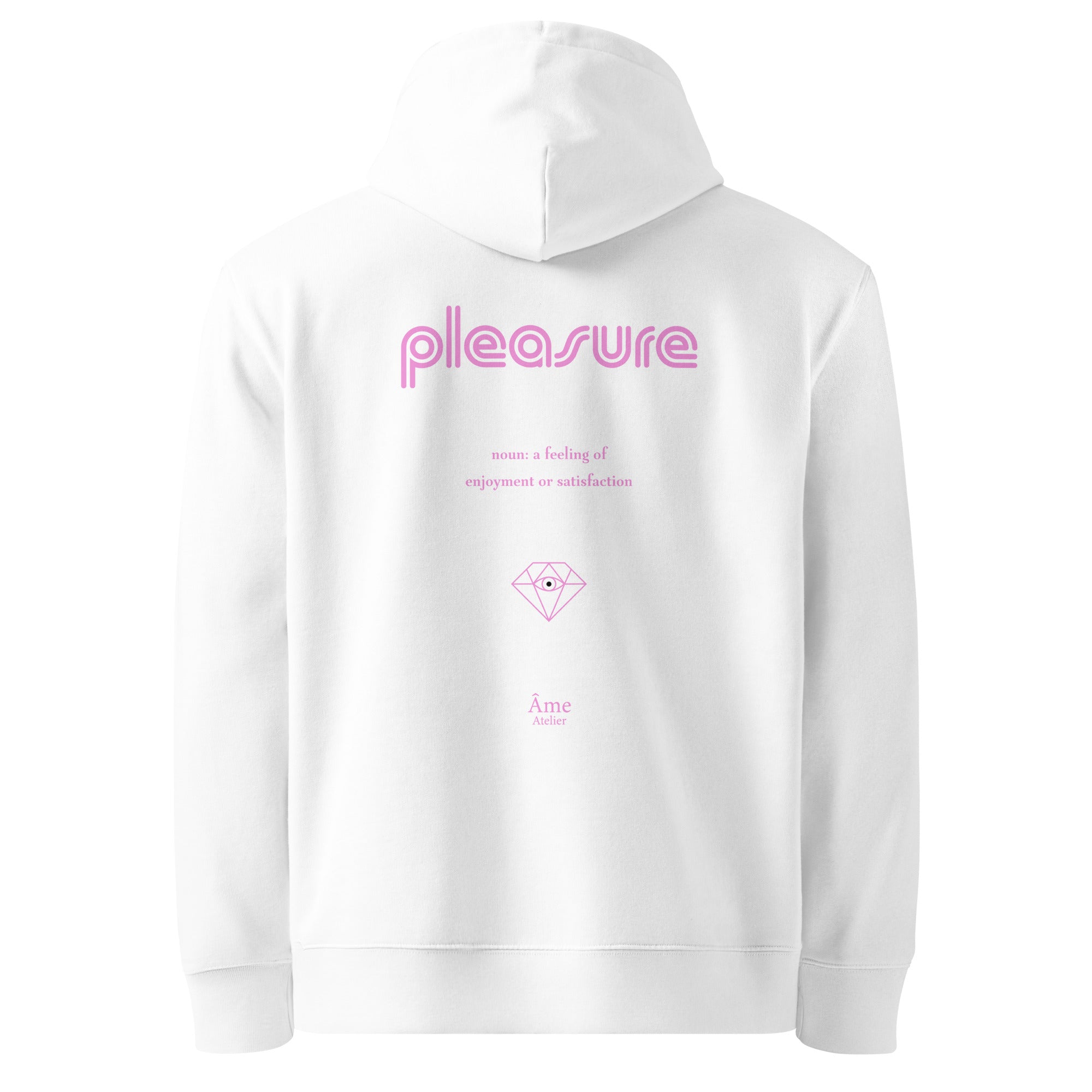 Back view of Pleasure organic cotton hoodie in white with powder pink print