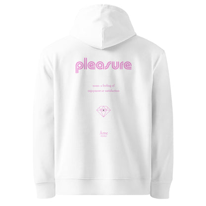 Back view of Pleasure organic cotton hoodie in white with powder pink print