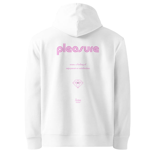 Back view of Pleasure organic cotton hoodie in white with powder pink print