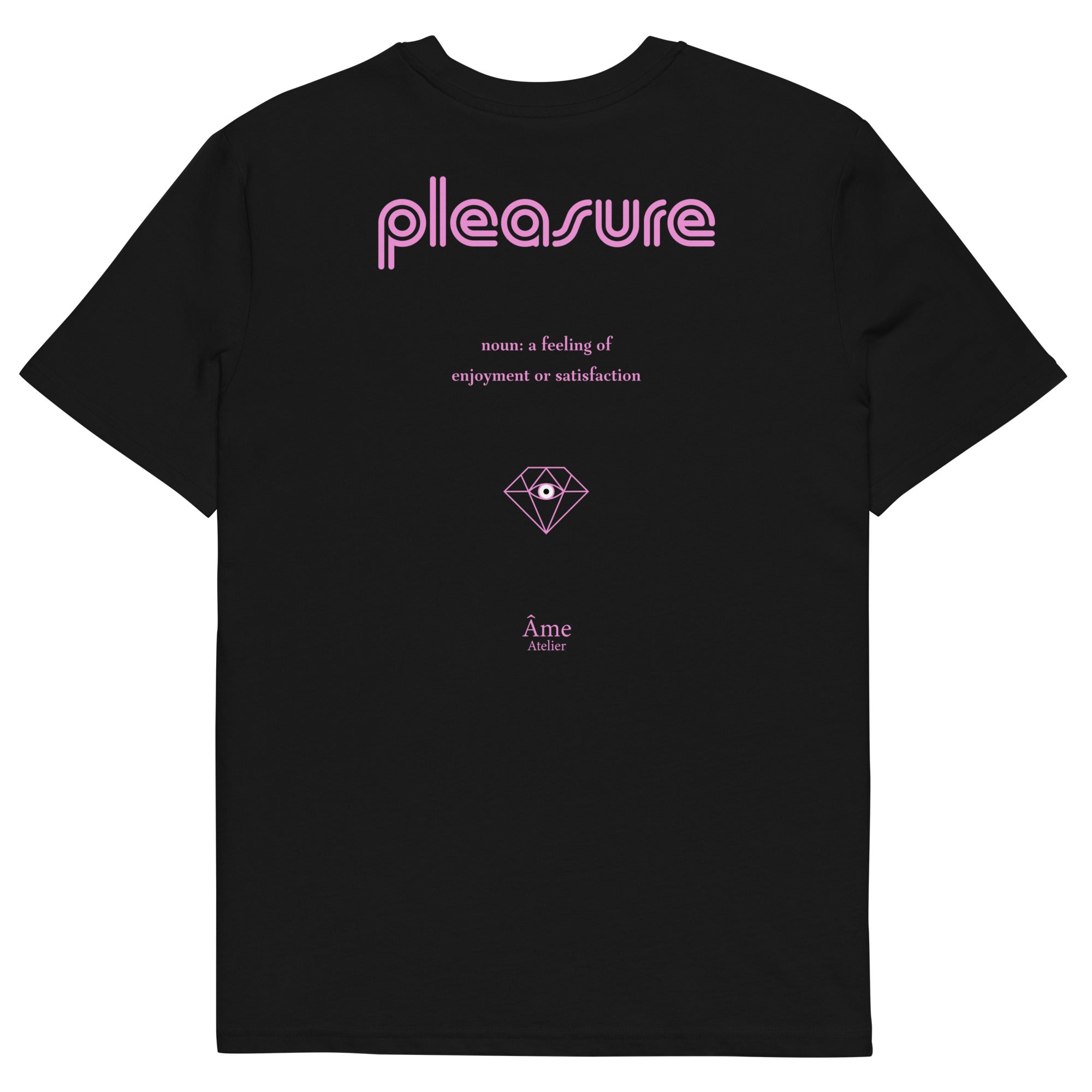 Back view of Pleasure organic cotton t-shirt in black with powder pink details