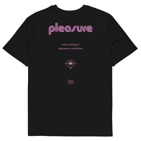 Back view of Pleasure organic cotton t-shirt in black with powder pink details