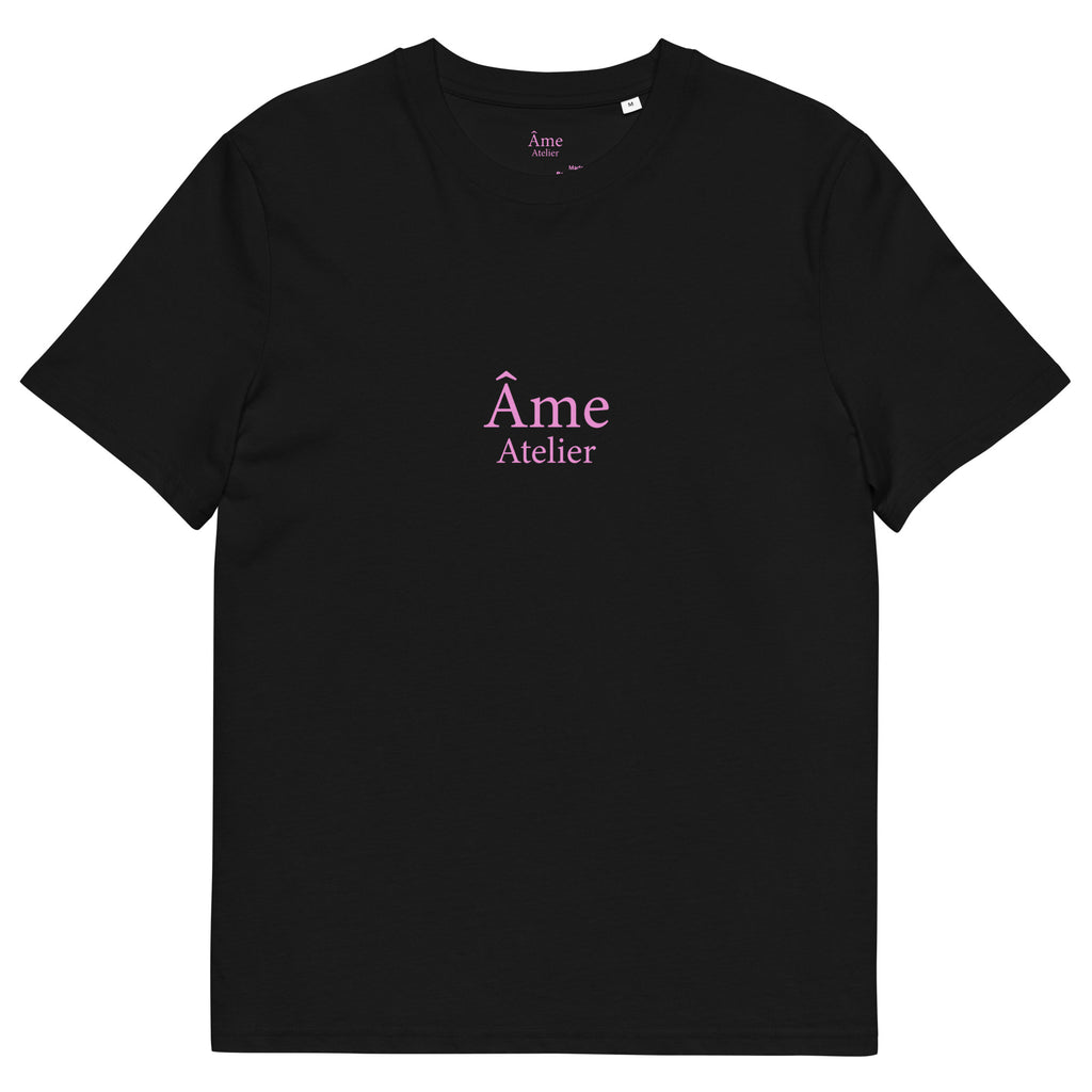 Front view of Âme Atelier organic cotton t-shirt in black with powder pink details