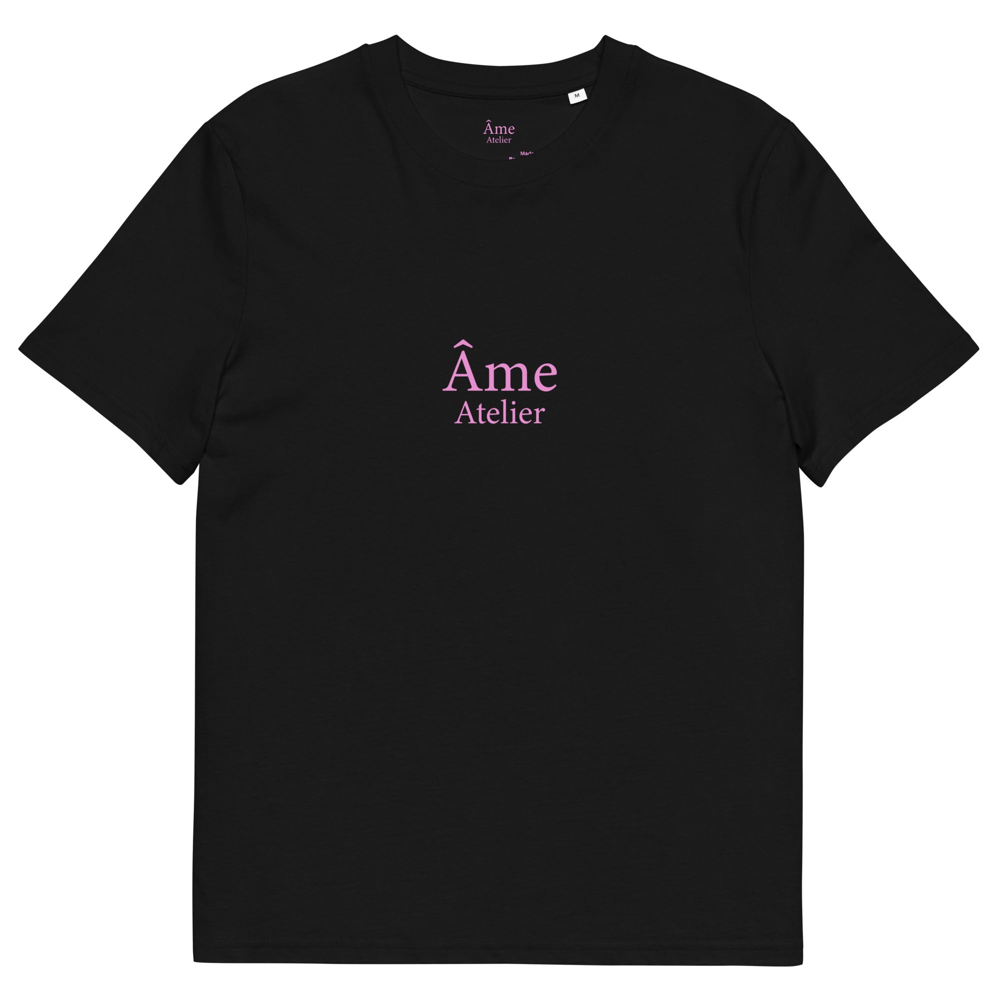 Front view of Âme Atelier organic cotton t-shirt in black with powder pink details