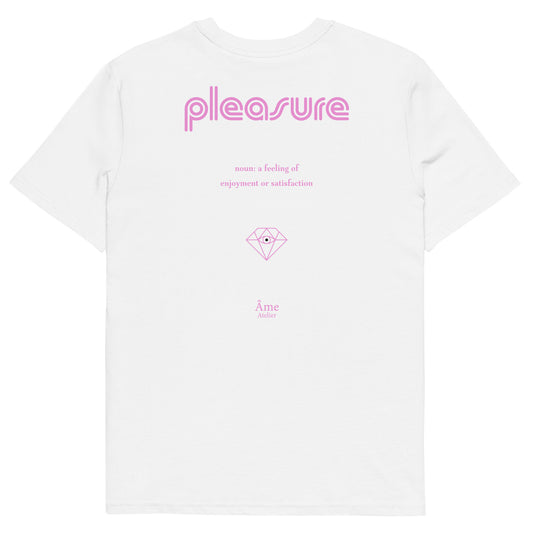 Back view of Pleasure organic cotton t-shirt in white with powder pink details
