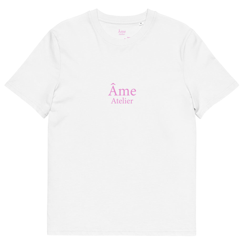 Front view of Âme Atelier oversized t-shirt in white with powder pink details